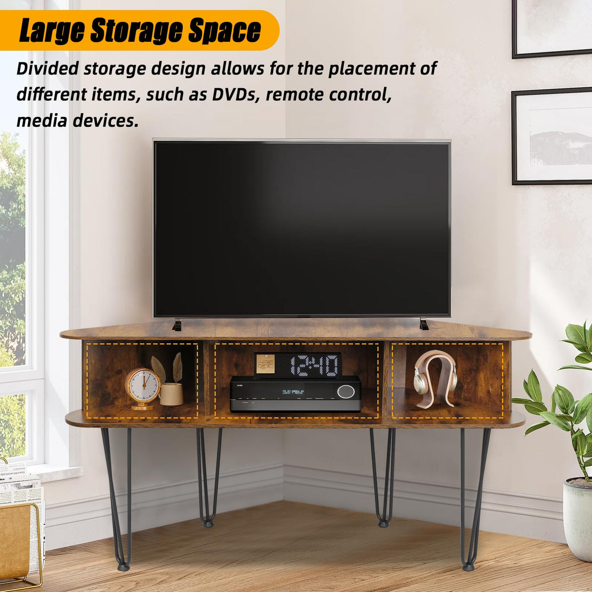 Corner TV Stand for 55 inch TV, Corner TV Stand for Living Room, Industrial TV Stand with Storage, Corner Entertainment Center with High Metal Feet and Anti-Slip Pads, 45 Inch, Rustic Brown Ciao Stilista