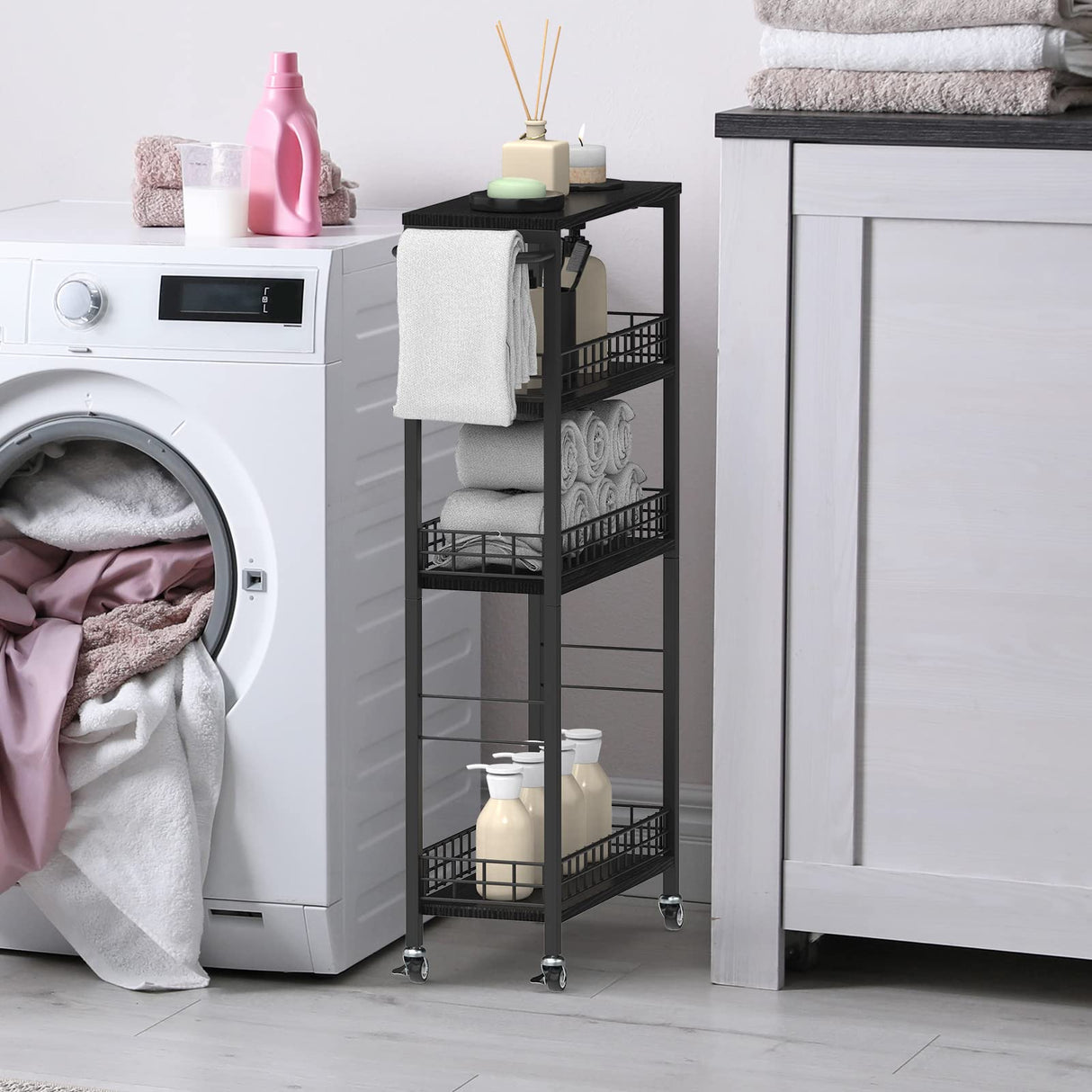 Narrow 4-Tier Rolling Storage Cart with Handle - Modern Black Utility Cart for Small Spaces NORCEESAN