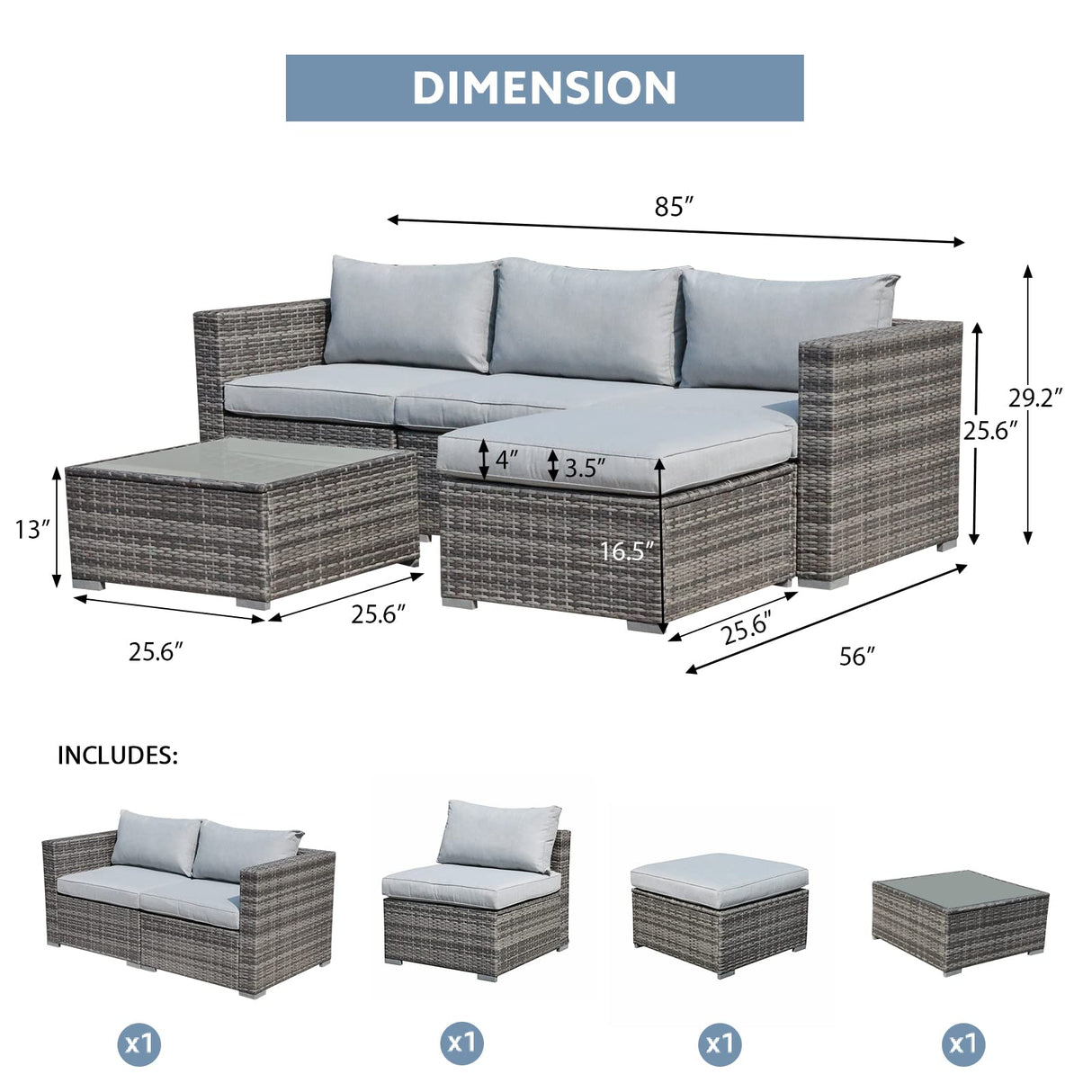 Super Patio Outdoor Patio Furniture Set, 5 Piece PE Wicker Rattan Outdoor Sectional, All-Weather Patio Conversation Set with Gray Cushions and Coffee Table, Steel Frame Super Patio