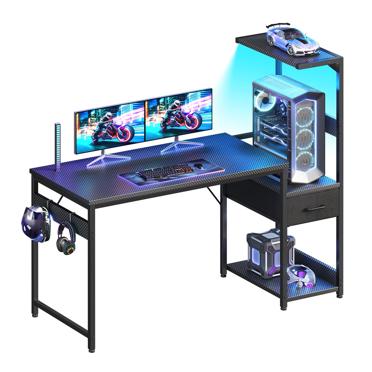 Casaottima 48 Inch Gaming Desk with Storage & LED Lights, Reversible Computer Desk with Display Shelves & Fabric Drawer, Modern Gamer Desk Table with Side Headphone Hook, Carbon Fiber Black Casaottima