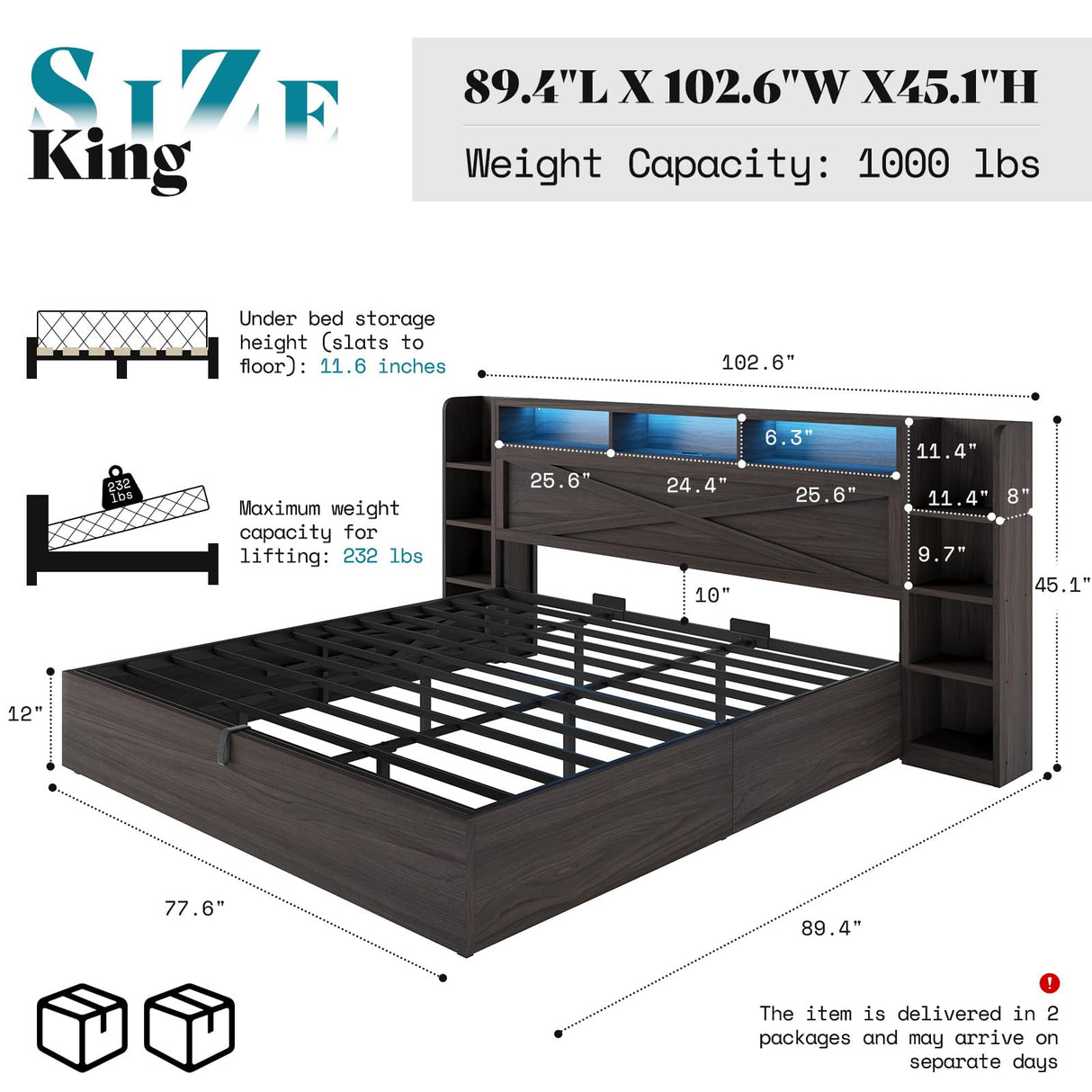 AMERLIFE King Size Lift Up Storage Bed Frame, 45.1" LED Bed Frame with 2 Side Shelves and Bookcase Headboard, Farmhouse Wood Platform Bed with Charging Station, No Box Spring Needed, Black AMERLIFE