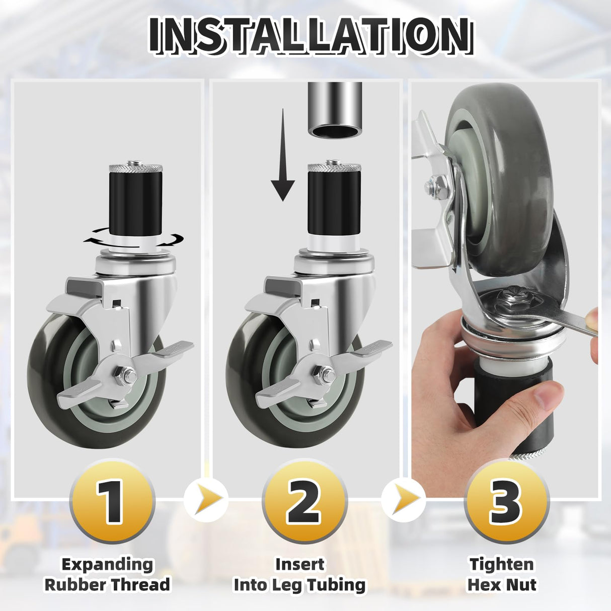 Besitu 4 inches Prep Table Wheels Set of 4, 1-1/2" Expanding Stem Caster with Side Brake for Stainless Steel Table, Cart, Furniture Legs, Commercial Kitchen Appliances, Workbench Besitu