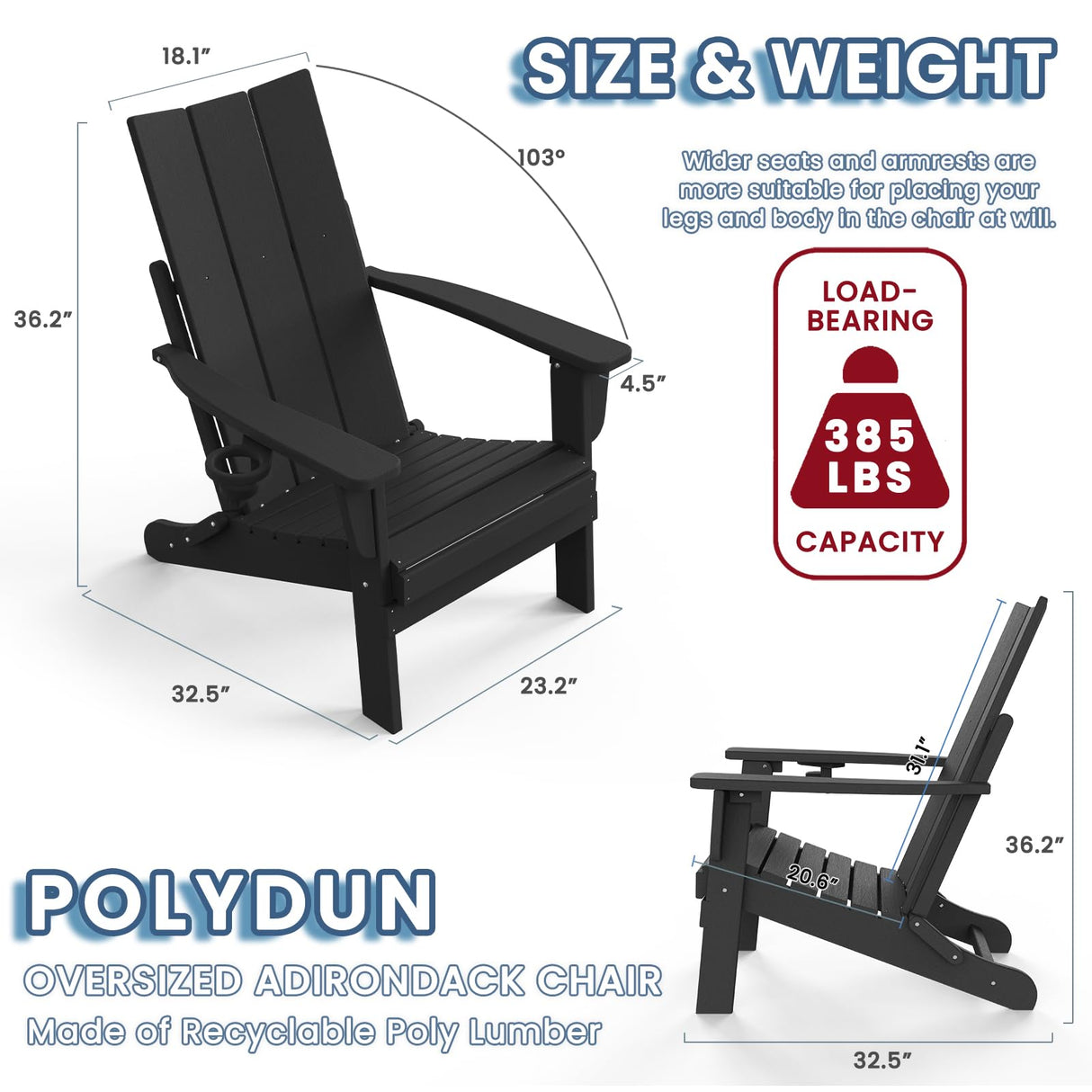 Folding Adirondack Chair with Cup Holder, Poly Lumber Patio Chairs, Wood Texture, Pre-Assembled Weather Resistant Outdoor Chairs for Pool, Deck, Backyard, Garden, Fire Pit Seating, Black POLYDUN