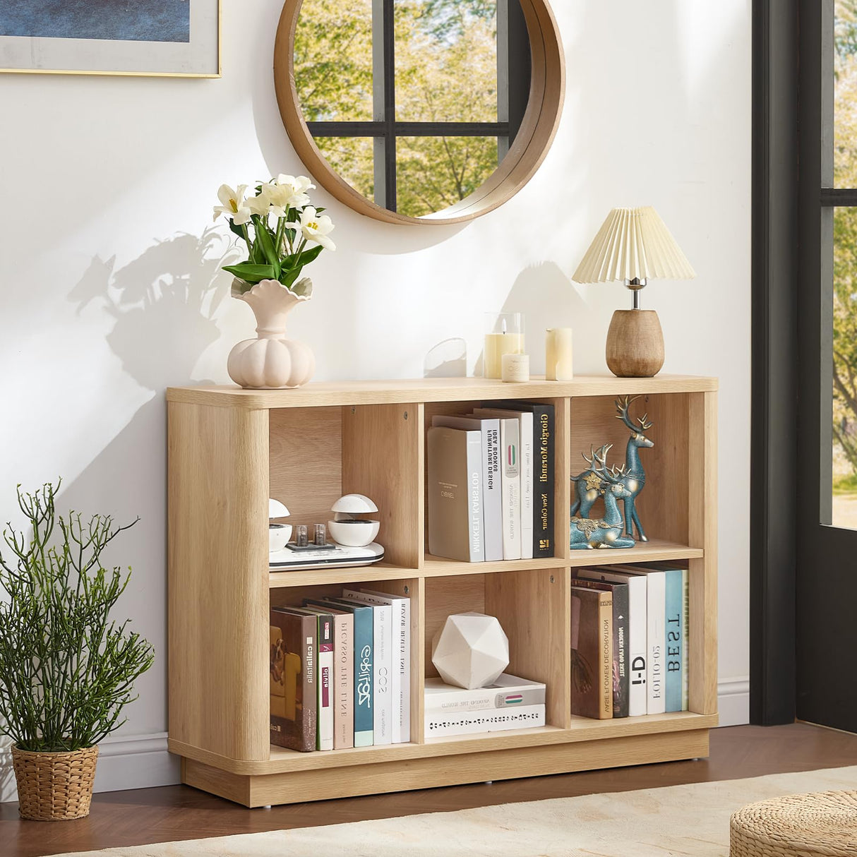 Joaxswe 6 Cube Storage Book Shelf, 40" Wide Low Horizontal Bookcase with Curved Edge, Floor Standing 2-Tier Wooden Bookshelf with Base, Modern Short Book Case for Bedroom, Study, Entryway, Natural Oak Joaxswe