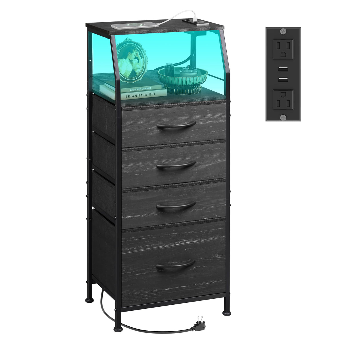 WLIVE Night Stand with Charger Station, Tall 4 Drawer Dresser for Bedroom, Black Nightstand with LED Light, Bed Side Table for Living Room with Shelf, Fabric Storage Bins, Metal Frame, Wood Furniture WLIVE