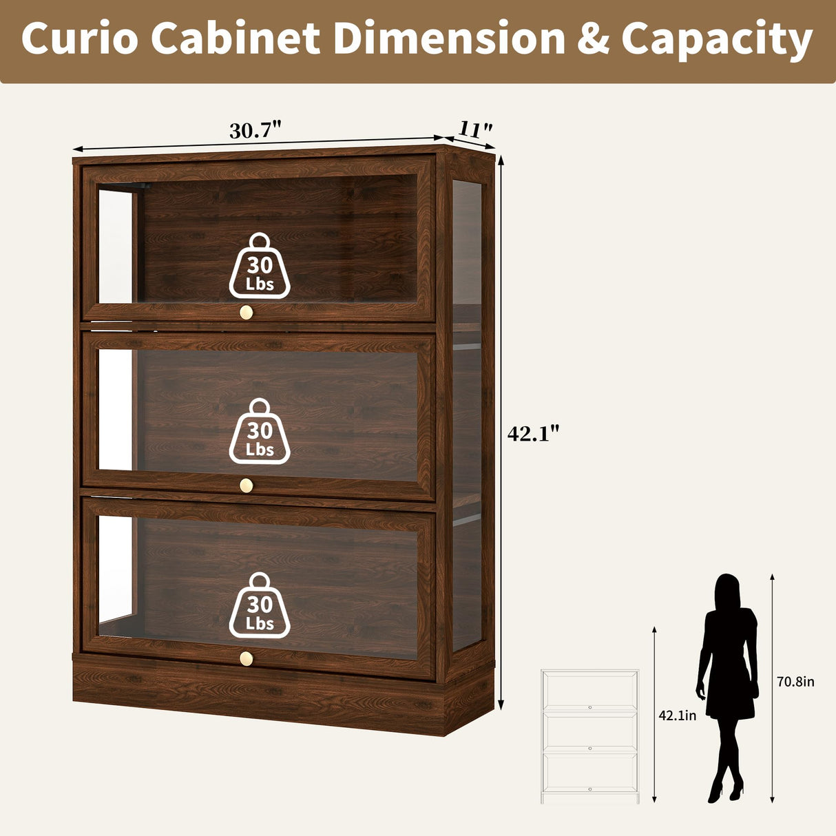 Boniture Display Cabinet with Acrylic Glass Doors,3-Tiers Curio Cabinet with LED Lighting for Collectibles, Collectibles Toy Organizers Rack & Display Shelf Display Case Storage Cabinet,Walnut BONITURE