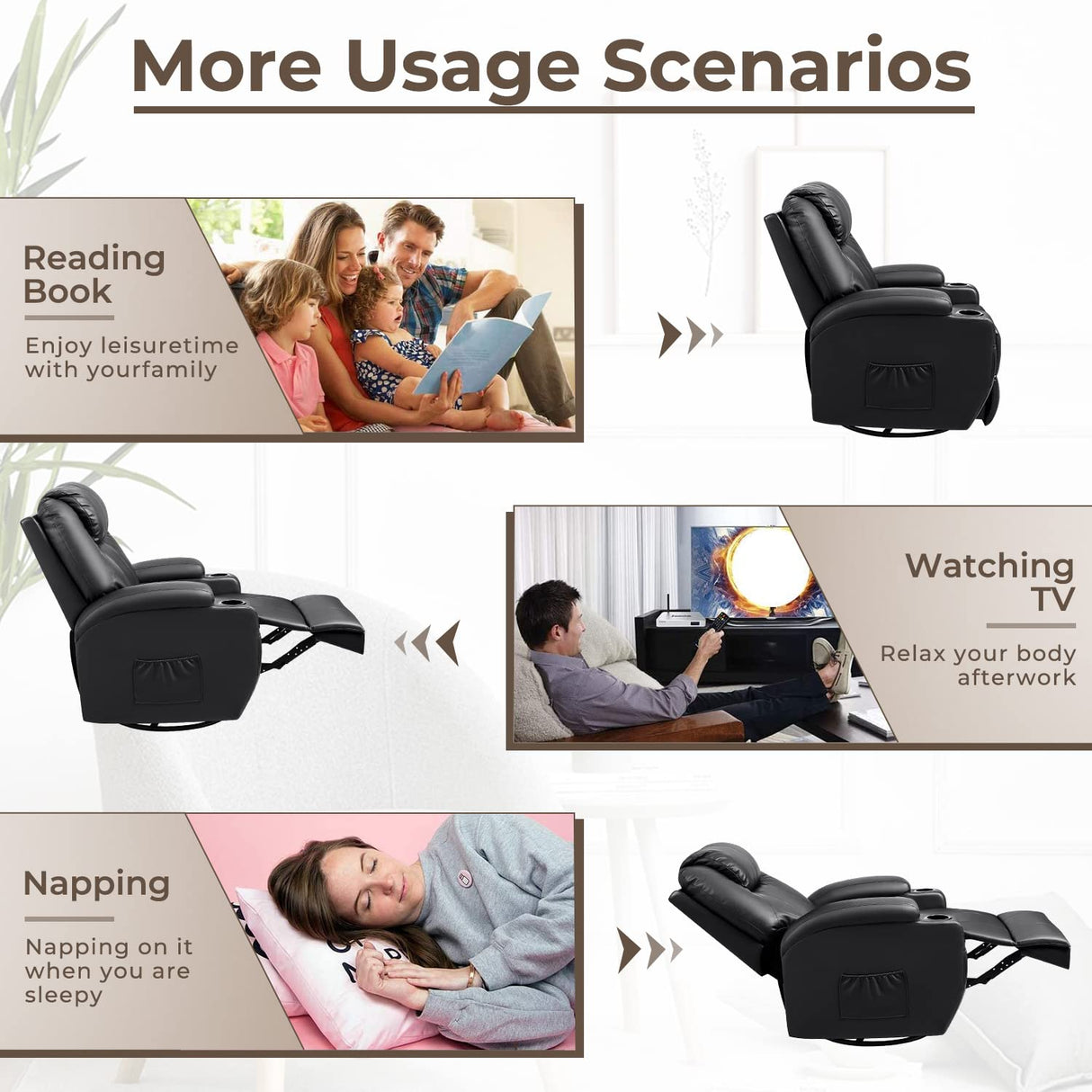 Furniwell Rocker Recliner Chair with Massage for Elderly, Leather Adjustable 360°Swivel Rocking Sofa for Living Room with Remote Control, Cup Holders (Black) Furniwell