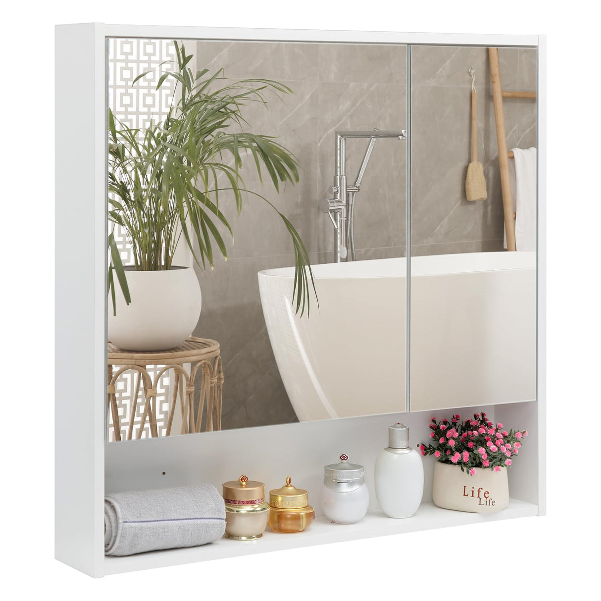 ALIMORDEN Medicine Cabinet with Mirror and Shelves, Bathroom Wood Wall Cabinet Over The Toilet, Vanity, Recessed or Surface Mount, 30.07 Inch x 30 Inch, White ALIMORDEN