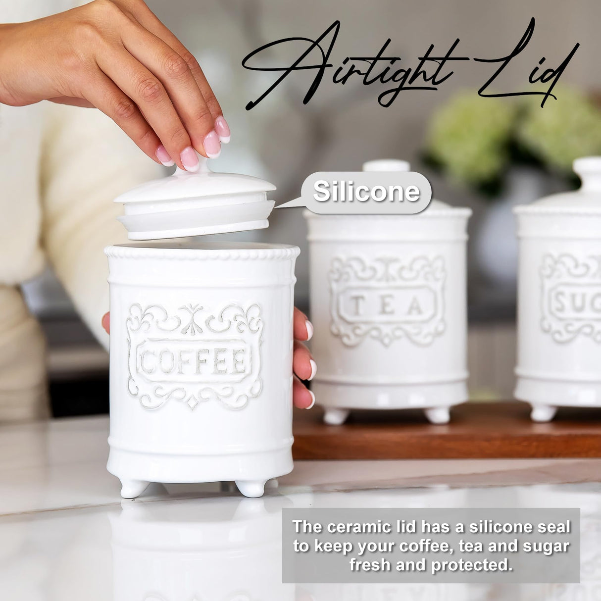 Large 35 Ounce Elegant Ceramic Kitchen Canisters Set of 3 - Beautifully Engraved Coffee Tea Sugar Storage Containers Airtight with Feet for Added Style and Stability - Ceramic Jar with Airtight Lid 25DOL