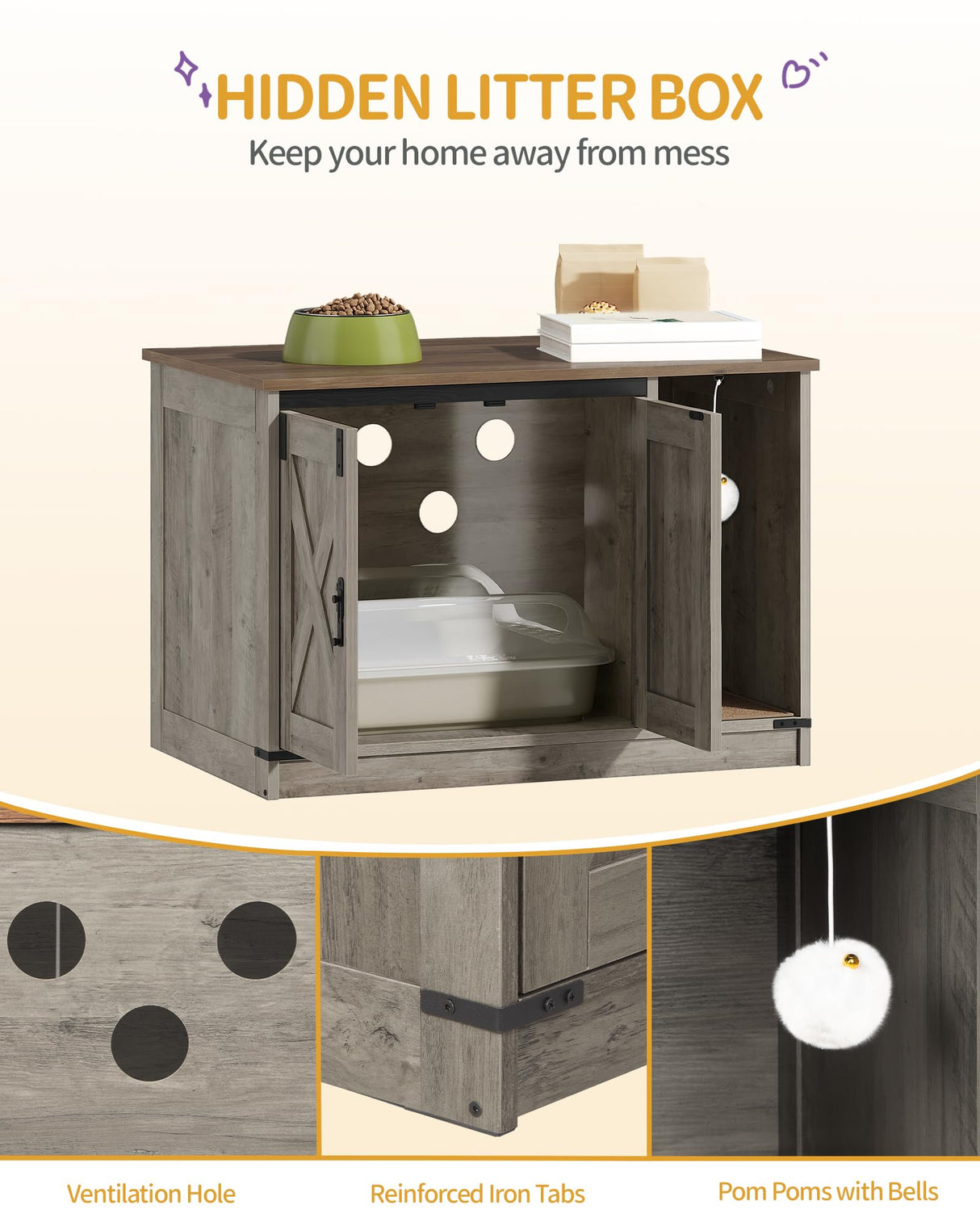 Hzuaneri Cat Litter Box Enclosure, Hidden Litter Box Cabinet Furniture with Cat Bell, Indoor Cat House, Farmhouse Style, 31.5 x 19.7 x 20.9Inches, for Hallway, Bedroom, Light Ivory CB82405X Hzuaneri