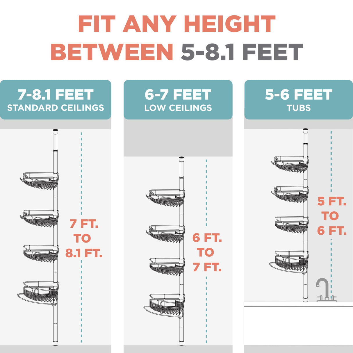 Zenna Home Tension Pole Shower Caddy Corner Organizer, Adjustable Standing Shower Caddy with 4 Baskets and Built in Towel Bar, Rust Resistant Bathroom Tension Rod Organizer, 60 to 97 Inch, Chrome Zenna Home