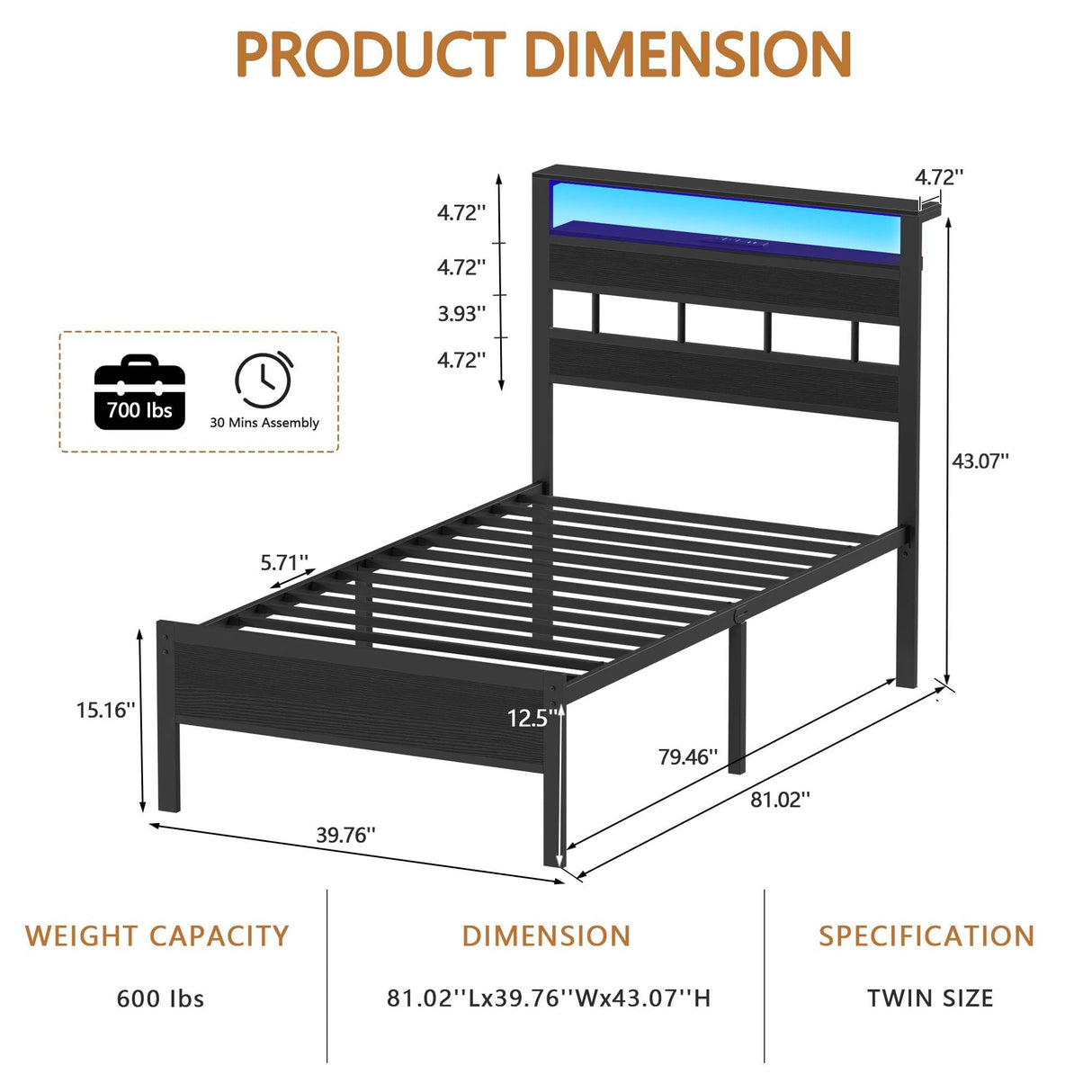 Furnulem Twin Bed Frames with Charging Station and LED Lights, Twin Size Platform Bed with Metal Slats, Wood Headboard with 2-Tier Storage Shelves, No Box Spring Needed, Black Oak Furnulem