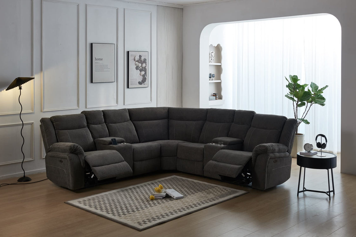 Power Reclining Sectional Sofa Set, Premium Fabric Recliner Couch with USB Port/Console Storage/Cup Holders Home Theater Sectional Sofa Set Secsofier