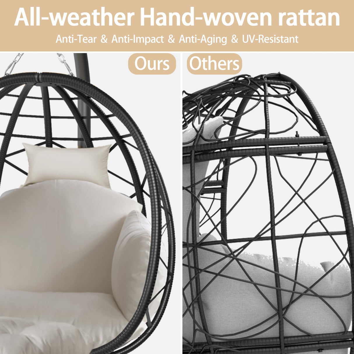 Indoor Outdoor Hanging Egg Chair with Stand & Leg Rest – Heavy-Duty Steel Frame, Handwoven Rattan Swing Chair for Patio, Garden, Bedroom – 350 lbs Capacity, Ergonomic Design (Grey) Nevsokio