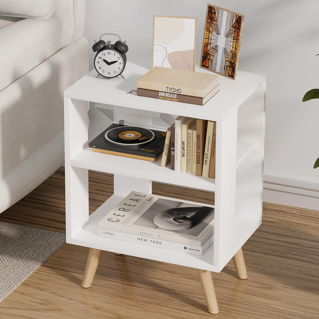 Aenuert Night Stand, White Kids Nightstand, Modern End Table with Open Storage, 2-Tier Nursery Bedside Table for Small Space, Living Room, Bedroom Aenuert