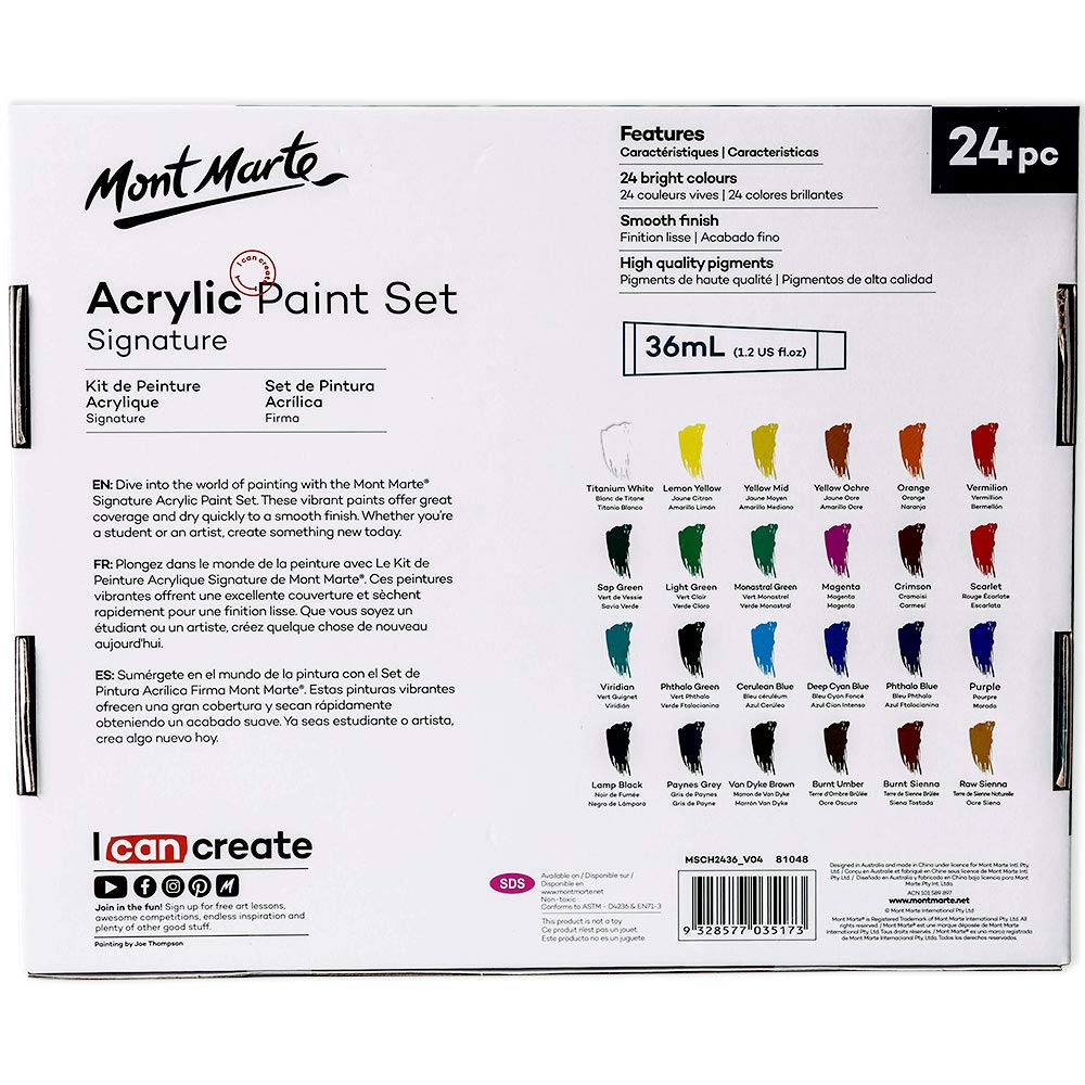 Mont Marte Acrylic Paint Set 24 Colours 36ml 2 PACK, Perfect for Canvas, Wood, Fabric, Leather, Cardboard, Paper, MDF and Crafts Mont Marte