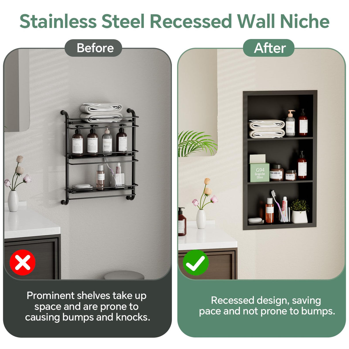 Giklux Stainless Steel Recessed Medicine Cabinet 14''*24'', Rust-Proof Metal Wall Niche, in Wall Shower Niche Shelf Insert Replacement, Recessed Medicine Cabinets for Drywall, Bathroom Storage, Black Giklux