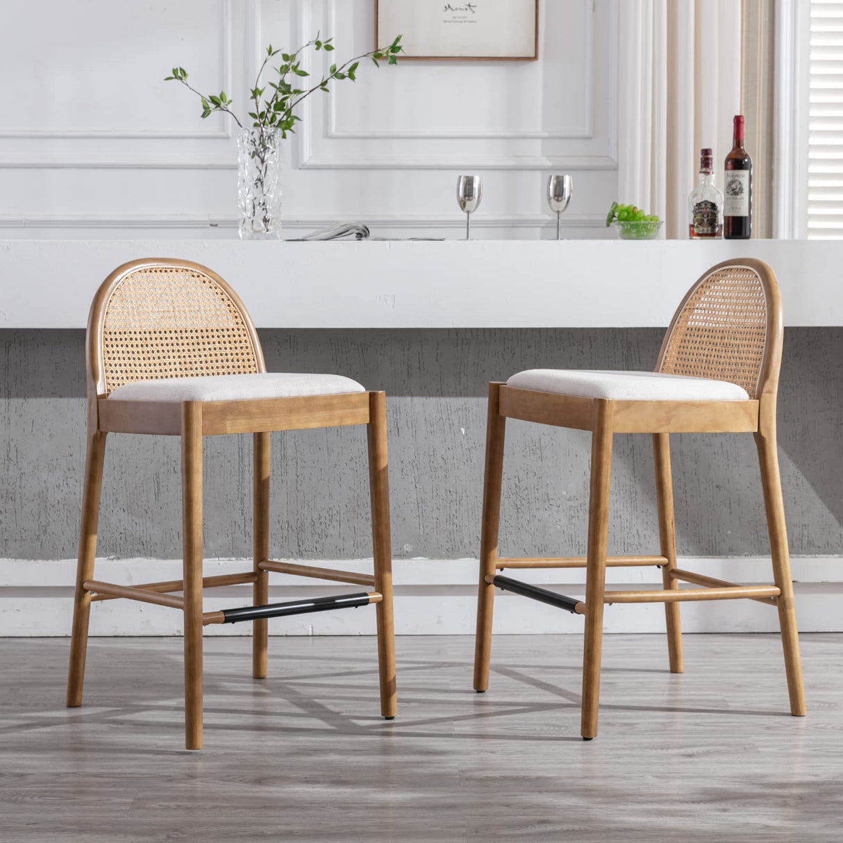 HEAH-YO Modern Bar Stools Set of 2, 30 Inches Counter Height Bar Stools with Rattan Backrests and Wood Legs, Comfy Linen Fabric Kitchen Stools for Island, Beige HEAH-YO