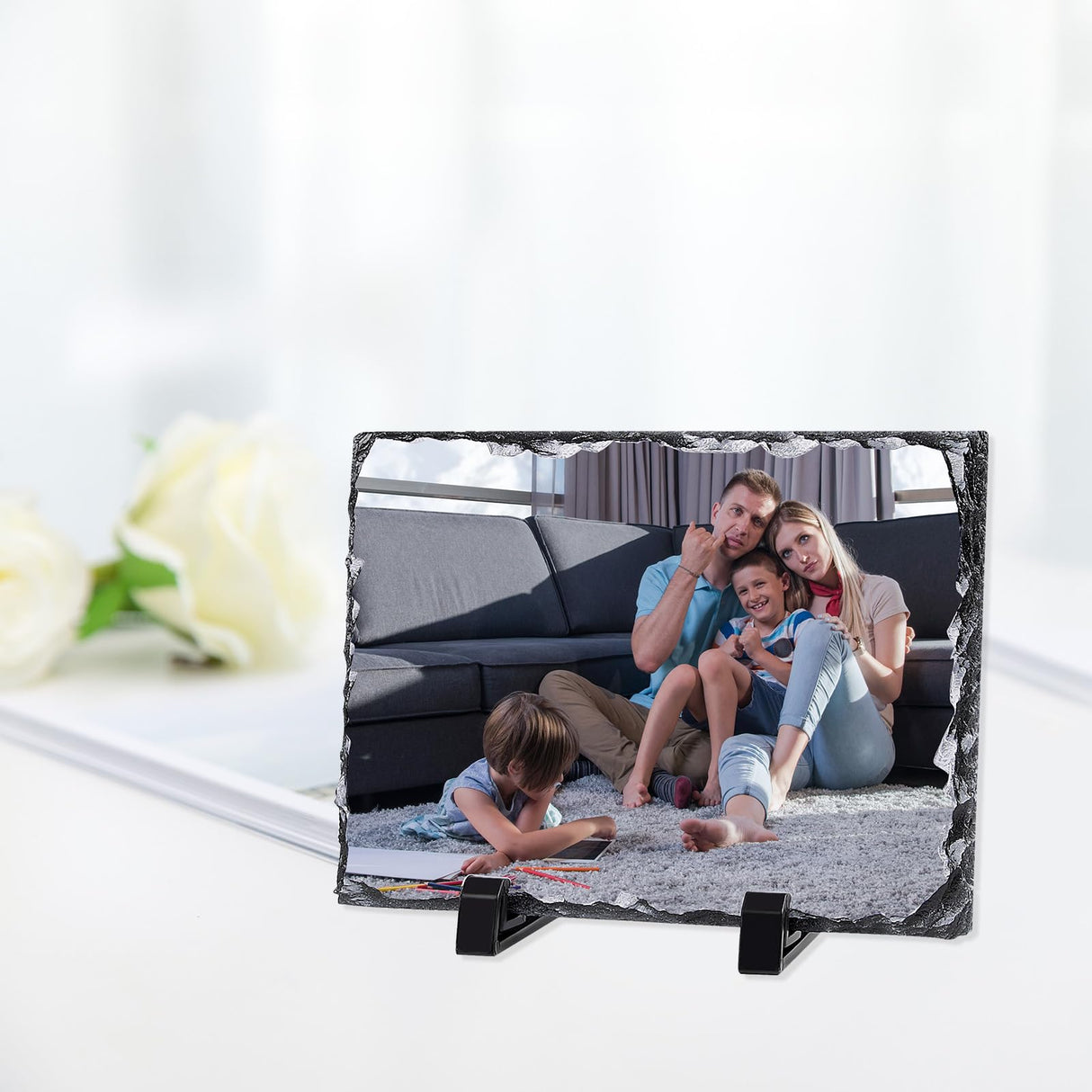 6 Pcs Sublimation Slate Blanks 5.9 x 7.8 inch Picture Frame Heat Transfer Rock Photo Plaque with DIY Custom Stone Slate Display Stand Christmas Decoration for Desktop Souvenir OKBA