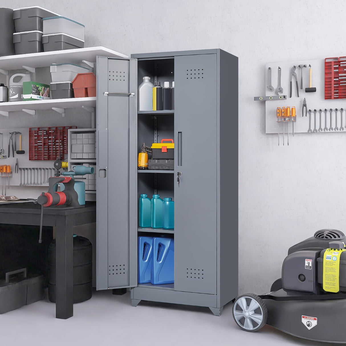 IRONFFICE Storage Cabinet with Lock,Metal Cabinets with Doors and Shelves,Functional Garage Storage Cabinet for Garage Home Office,Gray IRONFFICE