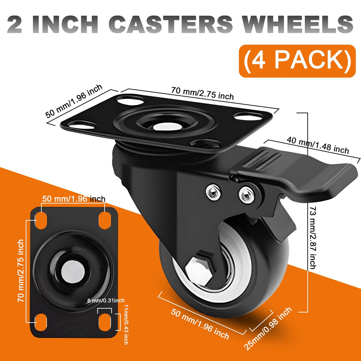 2 Inch Caster Wheels, Casters Set of 4 Heavy Duty Casters with Brake, Locking Casters with Polyurethane (PU) Wheels, Swivel Plate Castor Wheels for Cart Furniture and Workbench MSH&HCE