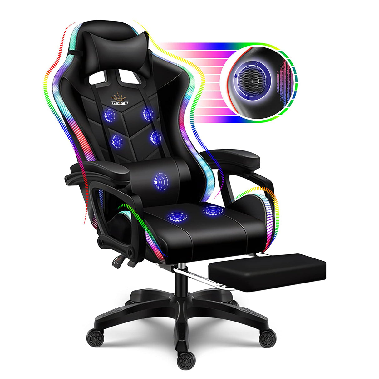 LED Gaming Chair with Speakers, Seven-points Massage Computer Chair with Footrest,Ergonomic Racing Office Chair PU Leather Recliner 360°Swivel Gamer Chair with Lumbar Support Headrest Armrest,Black XNSHUNHOYN