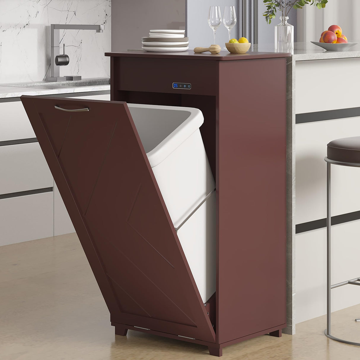 VECELO Tilt Out Kitchen Trash Bin Cabinet, Dog Proof Garbage Can with Wood Holder Free Standing Recycling, Brown VECELO