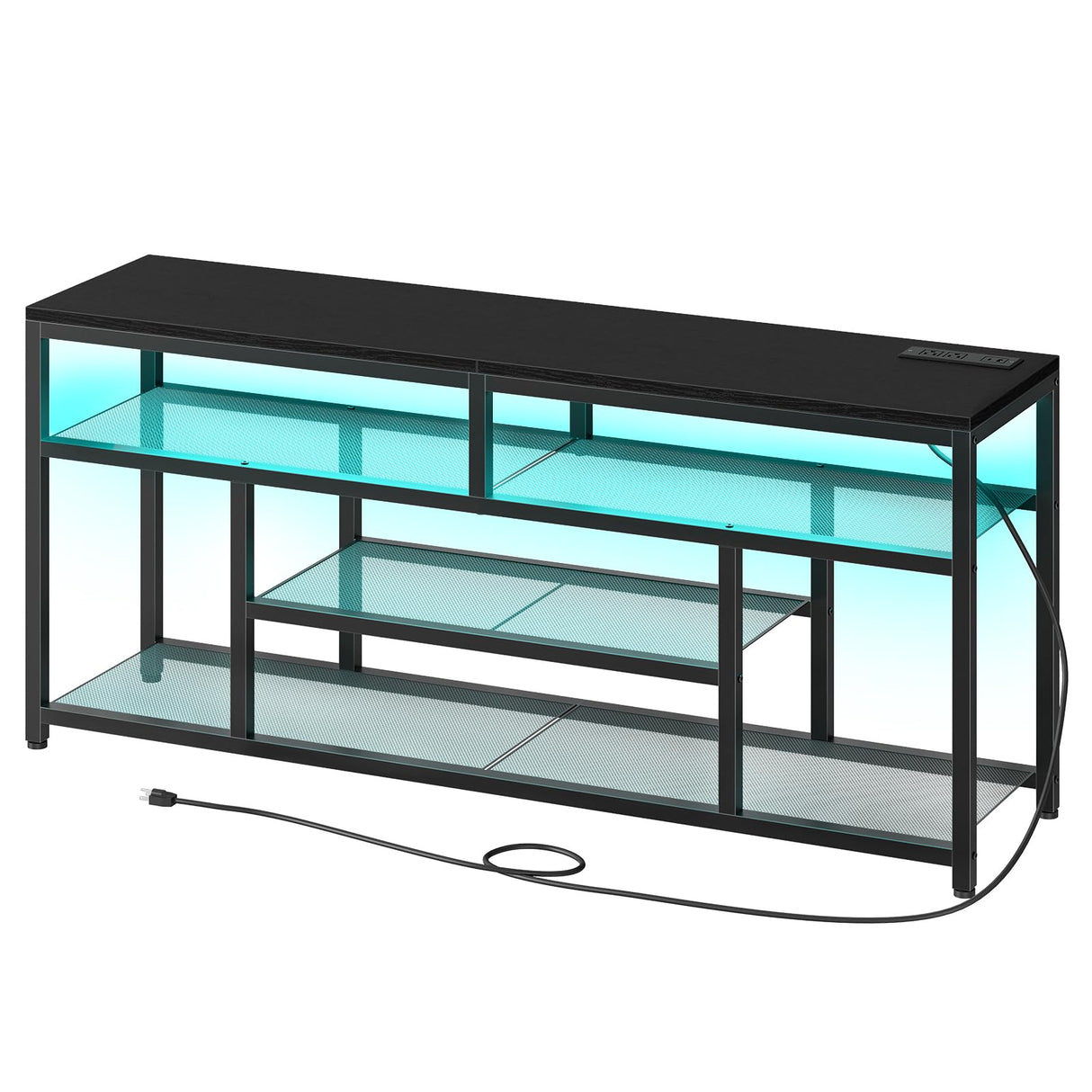 HOOBRO LED TV Stand with Charging Station, 4-Tier Entertainment Gaming Center, Modern Media Console Table, Open Shelves, 55.1"L x 13.8"W x 26.2"H, for TVs up to 65", for Living Room, Black BB47UDDS01 HOOBRO