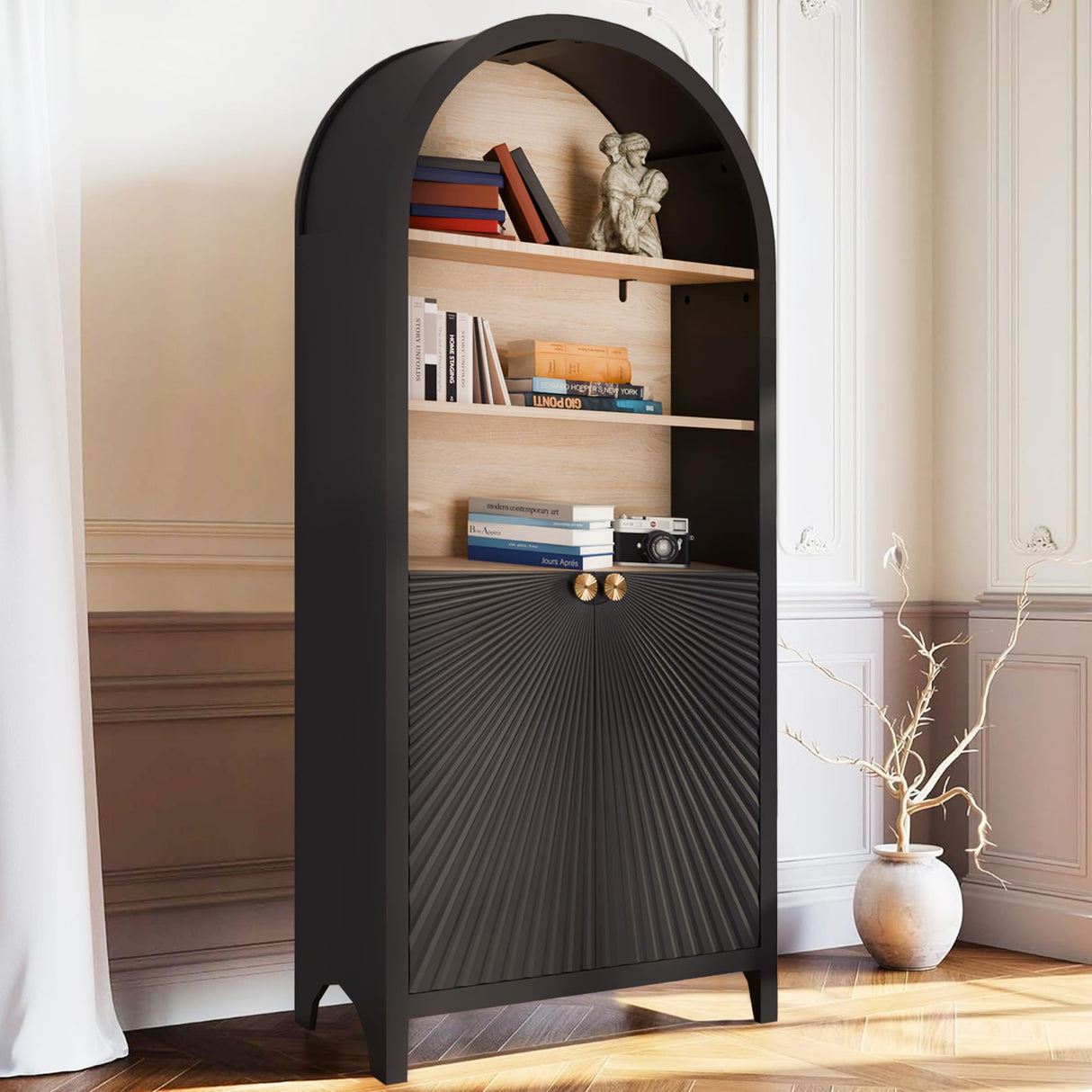 HIUU Tall Arched Bookcase,Rounded 5 Tier Bookshelf Wooden,Arched Kitchen Pantry Cabinet,Black Display Cabinet,Mid-Century Modern Book Case with Door,Black HIUU