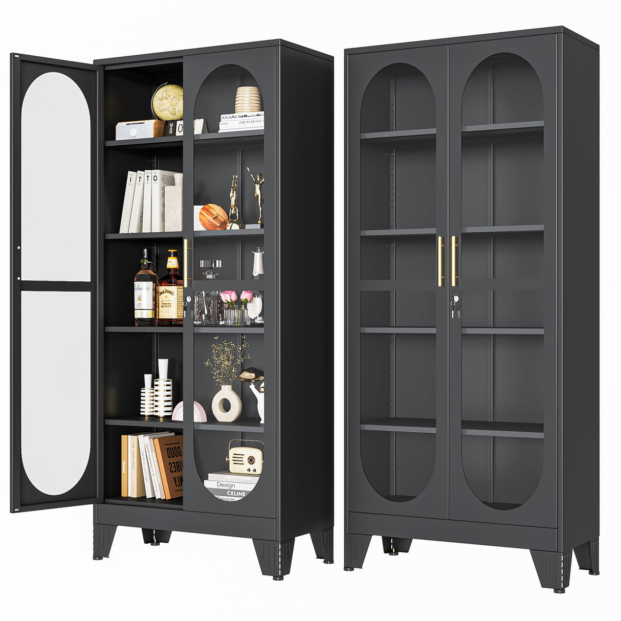 PAOFIN 71" H Locking Display Cabinet with Glass Door, Metal Curio Cabinets with 4 Adjustable Shelves, Tall Liquor Cabinet Display Case for Living Room, Collectibles, Home - Assembly Required Black PAOFIN