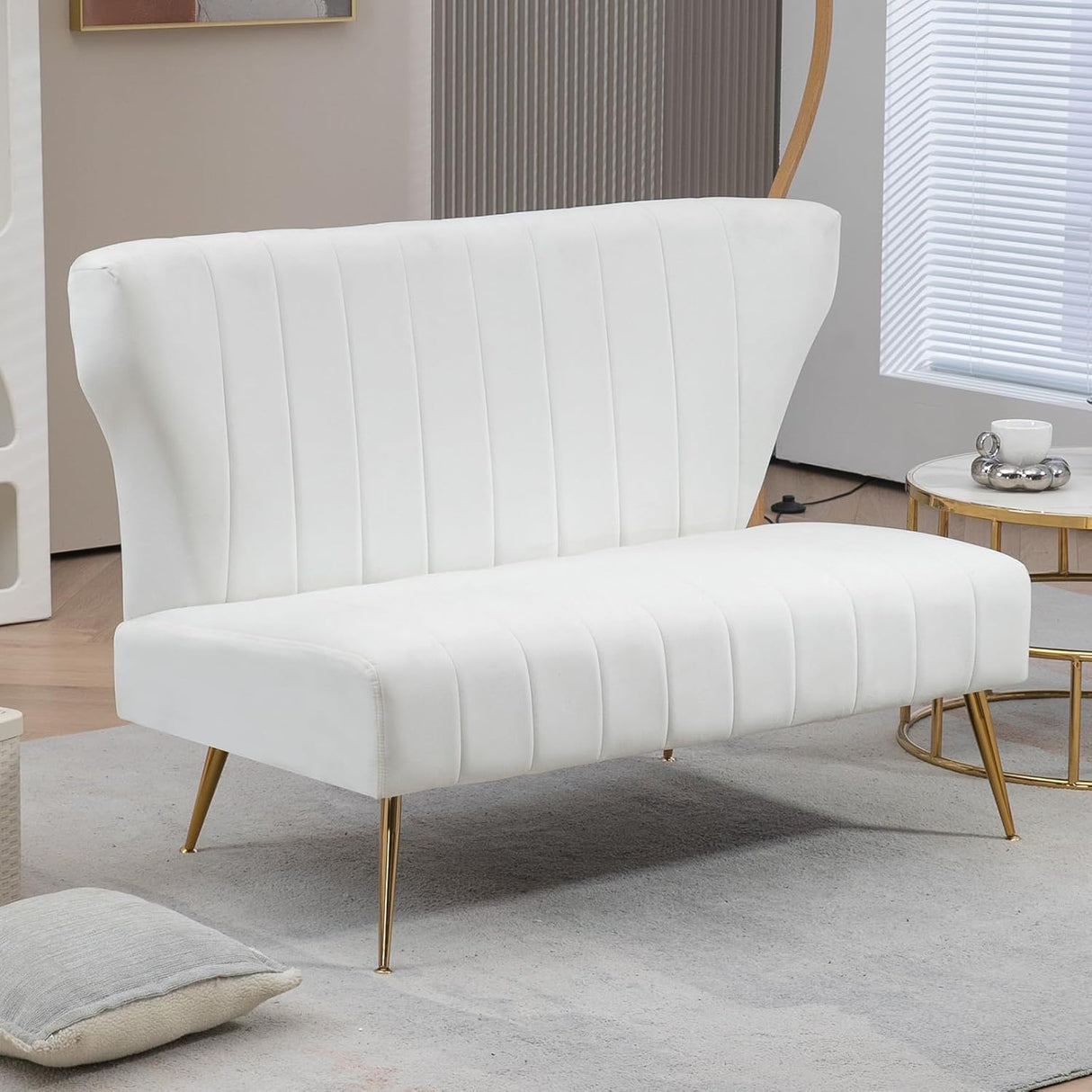 ZJhome 50’’ Armless Loveseat Sofa, Comfy Upholstered Velet Small Couch Sofa with Gold Legs, 2 Seater Tufted Modern Couch for Living Room, Bedroom, Apartment Small Space (White) ZJhome