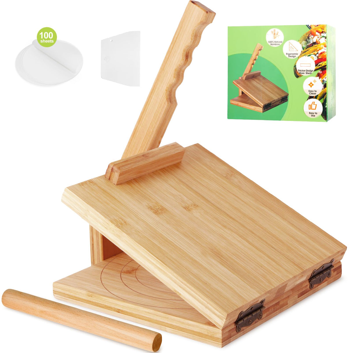 Tortilla Press 10 Inch Tortilla Maker Large Roti Maker with Rolling Pin+Dough Scraper+Parchment Paper Bamboo Wood Tortilla Press for Homemade Tortilla, Roti,Taco,Dough Press OwnColor