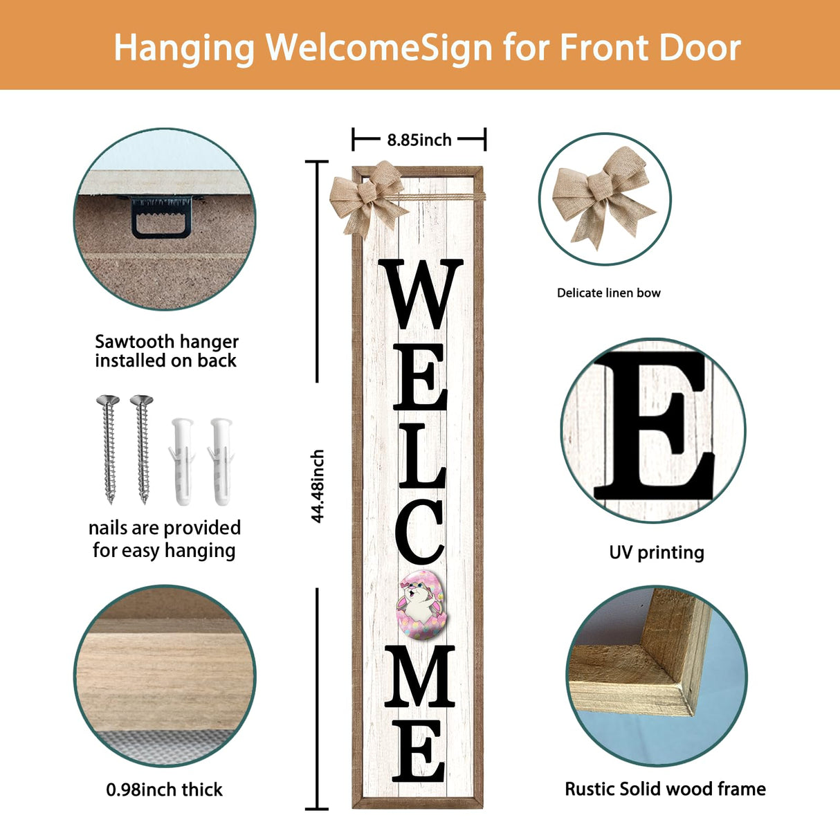 Interchangeable Welcome Sign for Front Porch Standing 45"X9" Large with 12 Pcs Replaceable Icons Outdoor Decorations Frame Tall Vertical Outside Farmhouse Rustic Door Decor (Wood) Surfapans