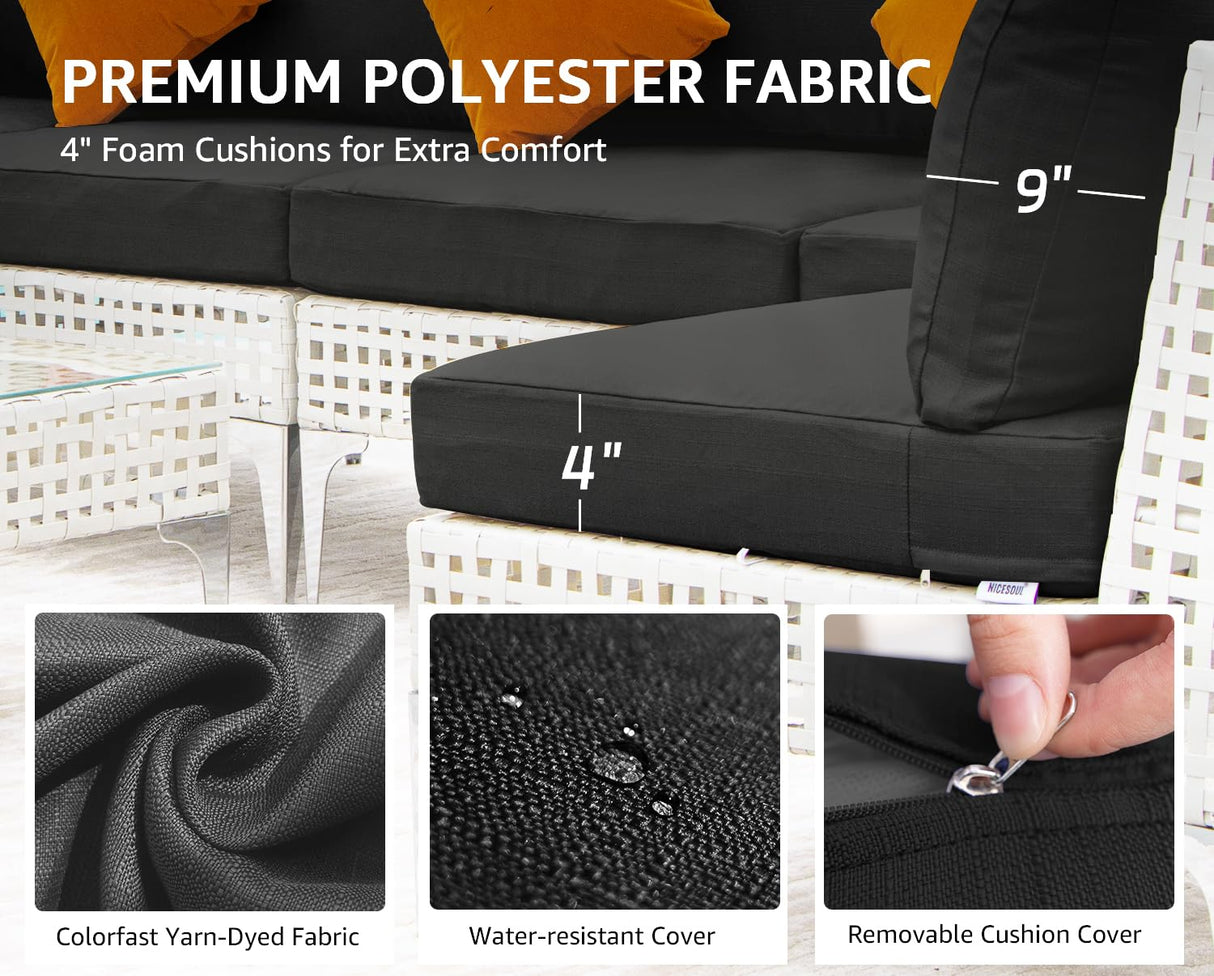 NICESOUL 7 Piece 28.7" High Back Patio Furniture Set, White PE Wicker Outdoor Conversation Sectional Sofa, Comfortable Deep Seat Modular Outdoor Patio Set for Backyard Porch Garden Deck, Black NICESOUL