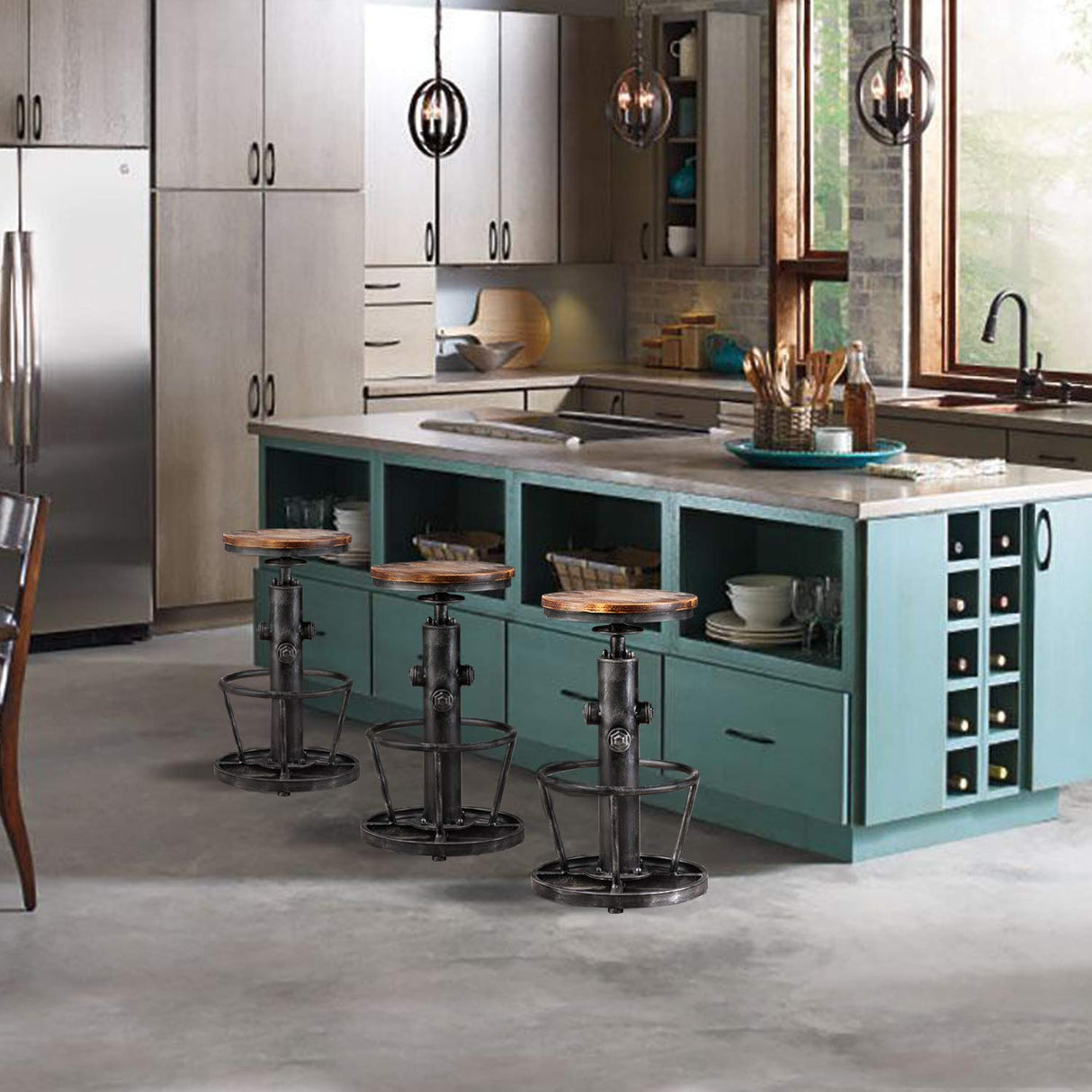 Topower Antique Industrial Round Bottom Adjustable Height Cafe Coffee Retro Vintage Stylish Water Pipe Design Pub Kitchen Bar Stool (Silver, Wooden Top) Topower