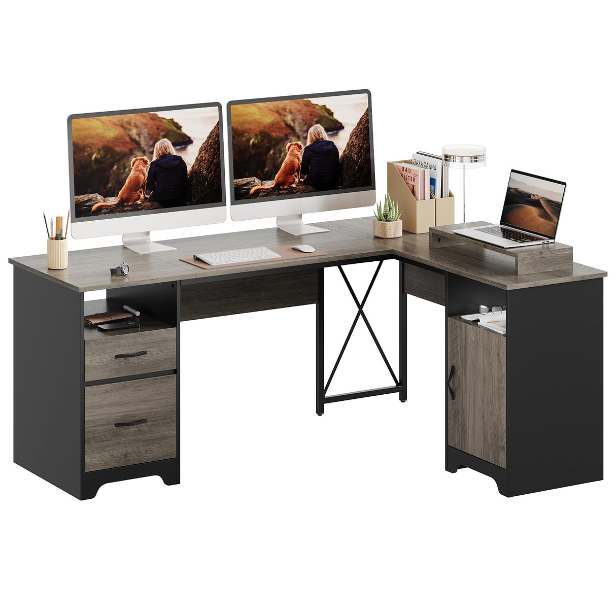 Bestier L Shaped Desk with File Drawers, 63" x 47" Office Computer Desk with Storage Cabinet, Corner Desk with Monitor Stand & Modesty Panel for Home Office, Dark Gray Bestier