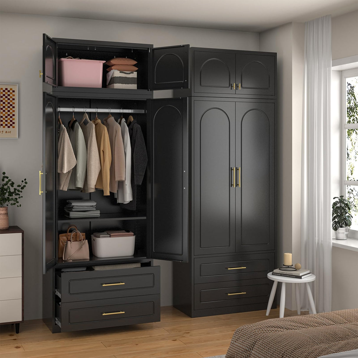 SteeLoong 86" Metal Armoire Wardrobe Closet with 2 Drawers,Tall Clothing Storage Cabinet with Adjustable Shelves and Hanging Rod,Black Wardrobe Closet for Bedroom,Home,Office,Gym SteeLoong
