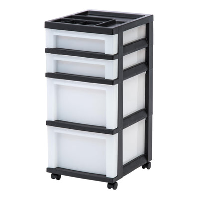 IRIS USA Craft Plastic Organizers and Storage, Rolling Storage Cart for Classroom Supplies, Storage Organizer for Art Supplies, Drawer Top Organizer for Small Parts, 4 Drawer, Black/Pearl