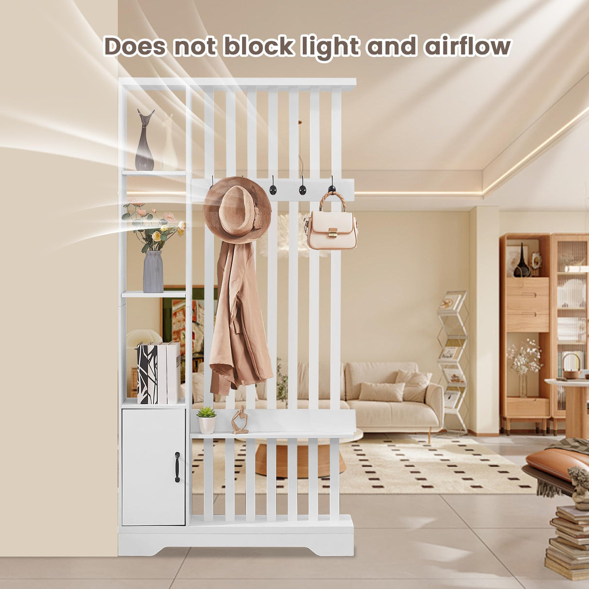Room Divider with Shelves, Wall Room Divider Bookshelf, Freestanding Wood Privacy Screen with Storage Cabinet, Coat Rack, Display Shelf for Living Room Separation, Home Office Decorative (White) SAHISTCT