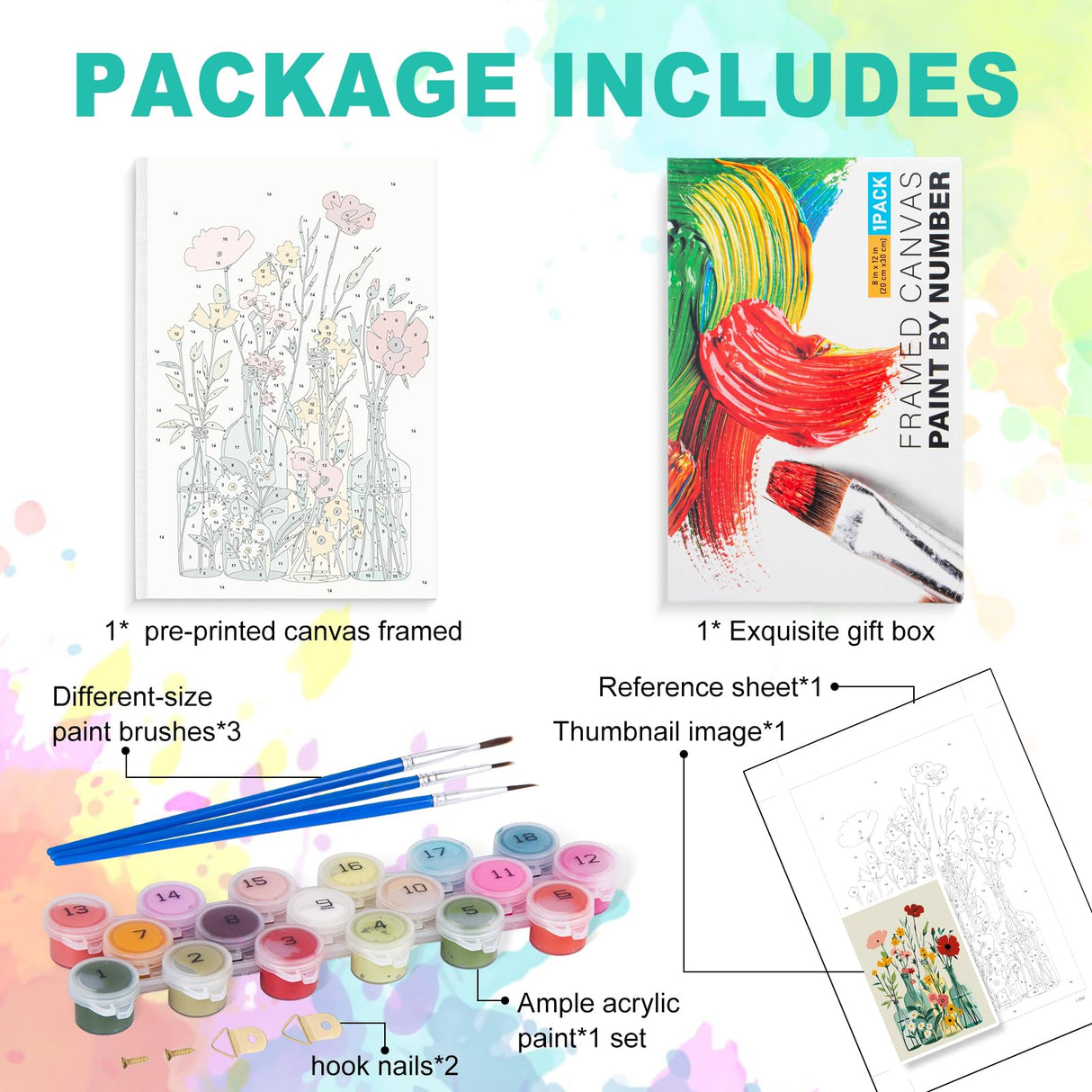 Framed Paint by Numbers Kit for Adults Beginner, Flower in Vase Easy Paint by Number Kits on Canvas Framed, Floral DIY Acrylic Oil Painting by Numbers with Frame for Gift Home Decor 8 x 12 inch GEEHEIY