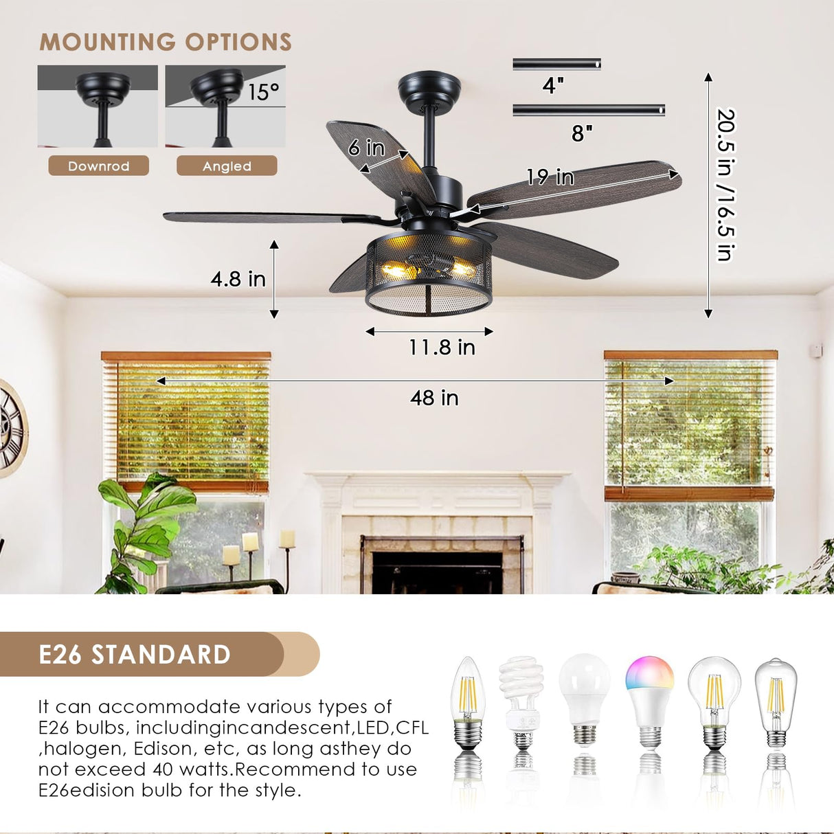 Farmhouse Ceiling Fan with Light and Remote,48" Black Industrial Caged Flush Mount Ceiling Fans for Bedroom,Living room Rustic Fandelier for Patio 6 Speed Reversible,5 Dual Blades Indoor/Outdoor Hounberi
