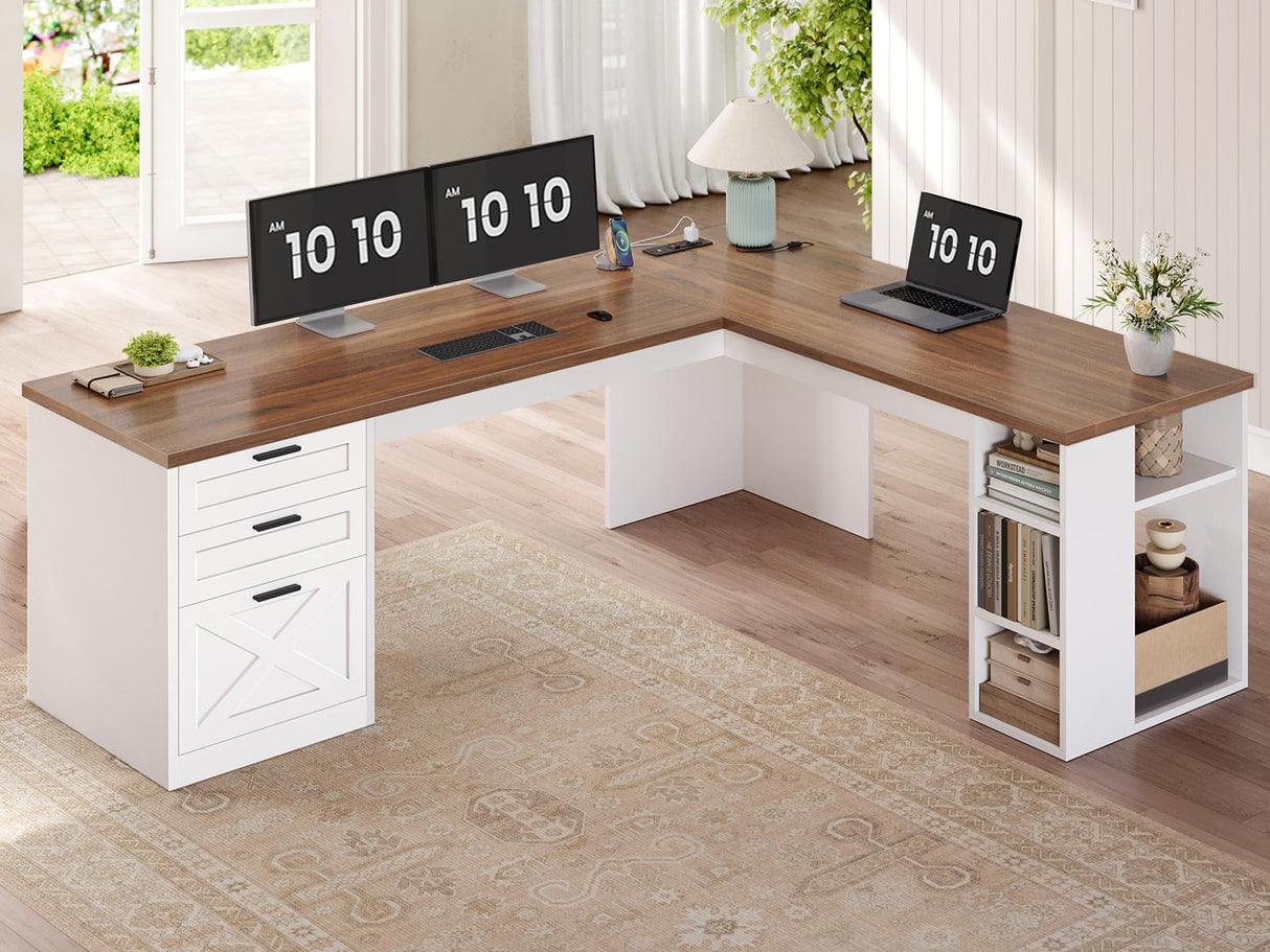 SEDETA Farmhouse 67" L Shaped Desk with 3 Drawers, White Corner Computer Desk with Storage Shelves, Home Office Desks with Power Outlets,Executive Desk for Home Office, White and Brown SEDETA