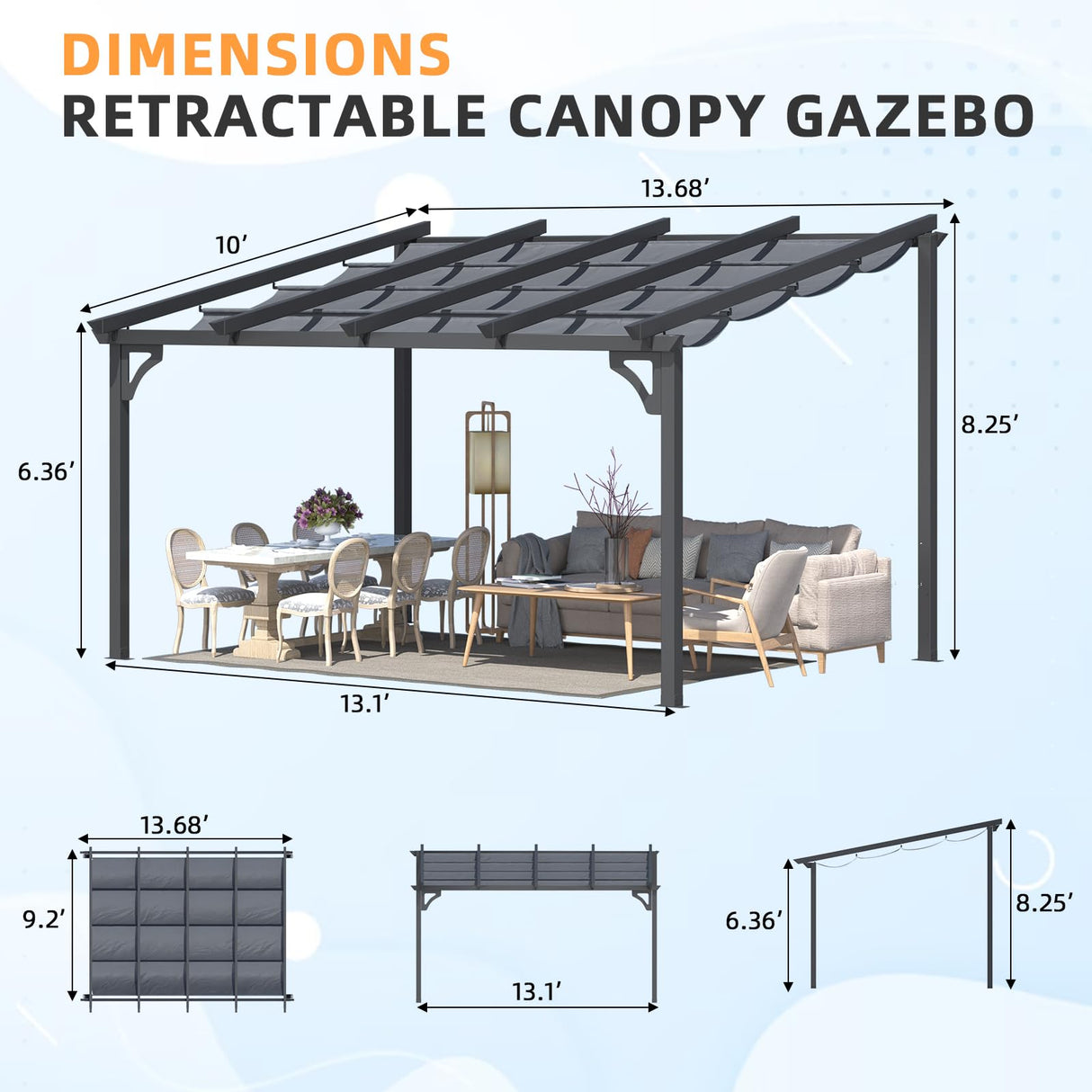 AECOJOY 14' x 10' Gazebo for Patio, Retractable Pergola with Adjustable Sun Shade Canopy Roof, Small Wall-Mounted Lean to Outdoor Pergolas and Gazebos Clearance, Metal Awnings for Decks, Patio AECOJOY