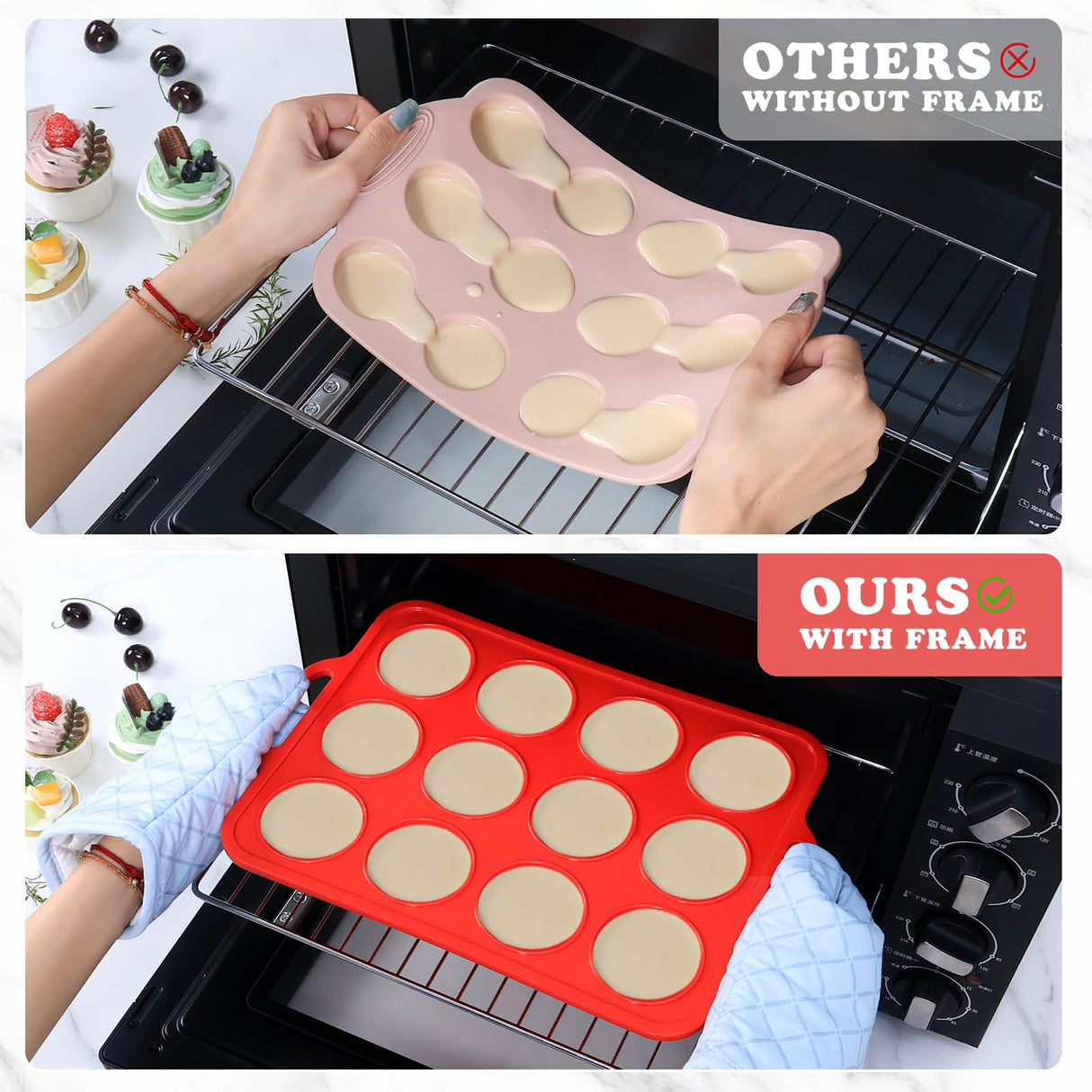 Foepoge 2 Pack Silicone Muffin Pan with Metal Frame, Non-stick Regular Silicone Cupcake Pan with Handles 12 Cup, Silicon Muffin Tin Tray for baking, egg bites, Cupcake Mold, BPA Free Red Foepoge