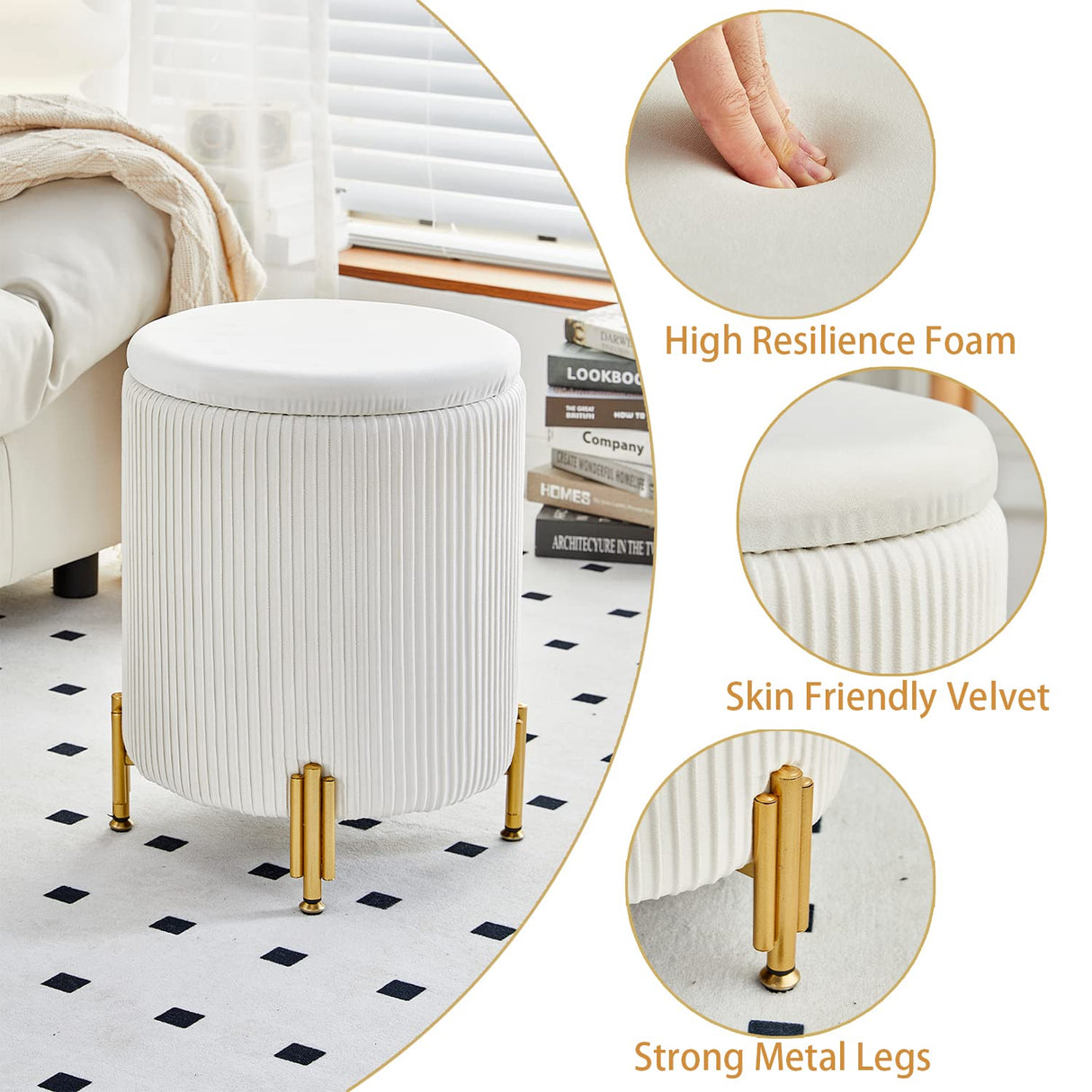 Mxfurhawa Round Ottoman Foot Stool with Storage and Metal Legs for Living Room Bedroom, Velvet Upholstered Footrest Stool Support 300lbs Modern Padded Seat Ottoman Coffee Table (Cream) Mxfurhawa