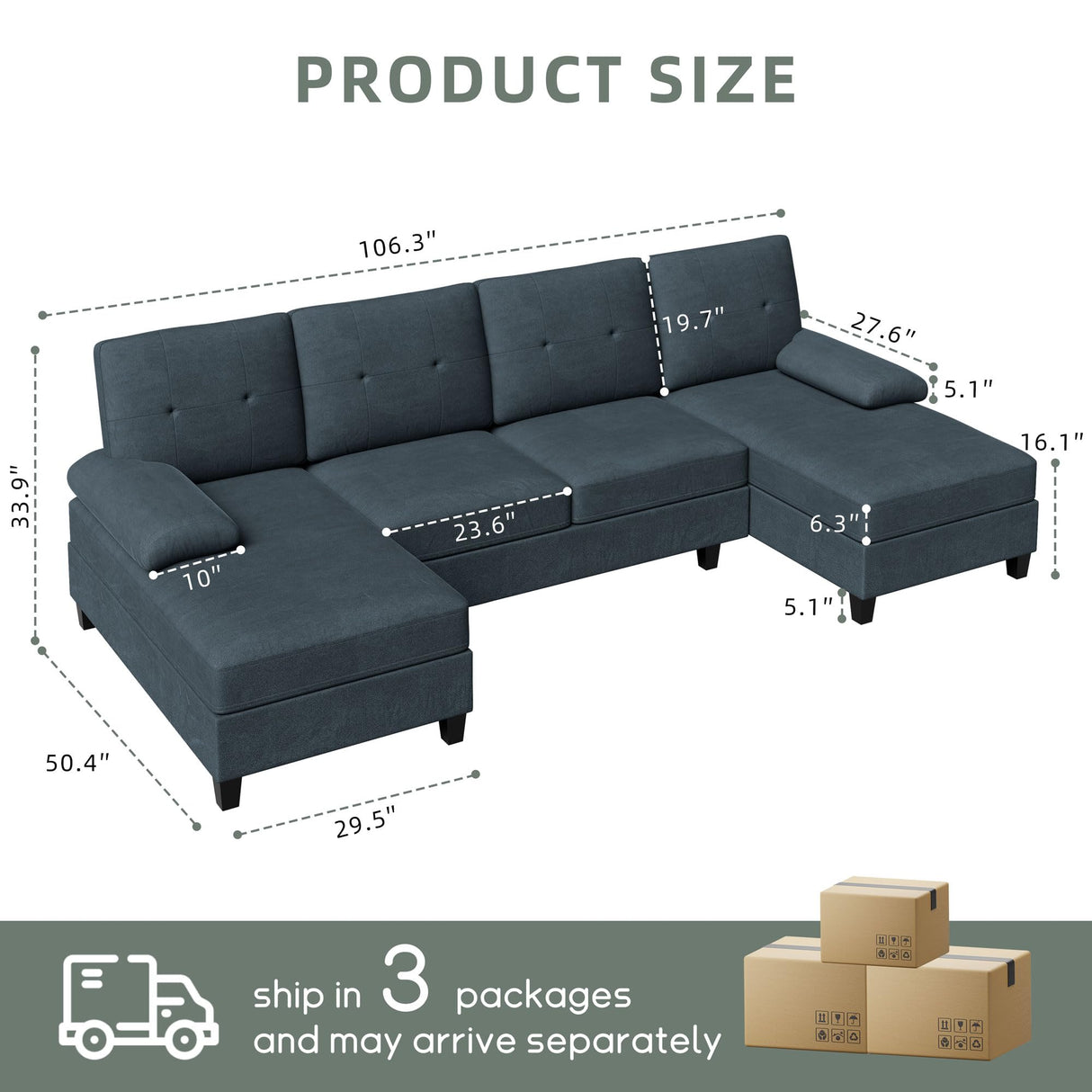 Shintenchi U Shaped Sectional Couches for Living Room, 4 Seat Modern Sectional Sofa with Removable Armrest & Soft Backrest for Apartment and Small Space, Deep Grey Shintenchi