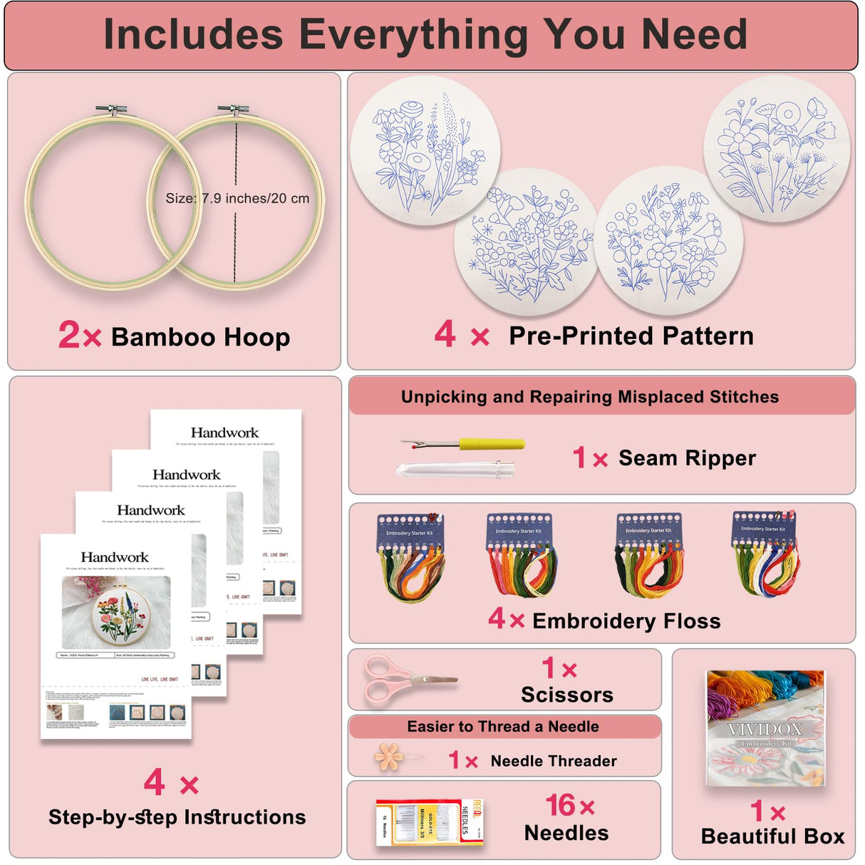 VIVIDOX 4 Sets Embroidery Kit for Beginners with Stitch Video, Flower Cross Stitch Kits for Adults, Starter, Hand Craft Lover Practice with Floral Stamped Pattern, 2 Hoops, 16 Needles, Scissors, Tools VIVIDOX
