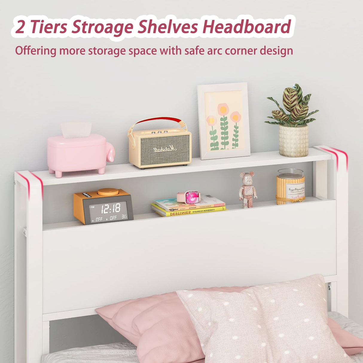 Weehom Twin Bed Frames for Kids, Twin Size Bed with 2 Tiers Wood Shelves Headboard No Box Spring Needed Easy Assembly Heavy Duty Metal Plaform, White Weehom