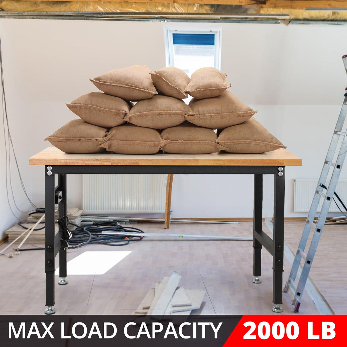 48" Adjustable Workbench, Rubber Wood Top Heavy-Duty Workstation, 2000 LBS Load Capacity Hardwood Worktable with Power Outlets for Garage, Workshop, Office, Home HONRISE