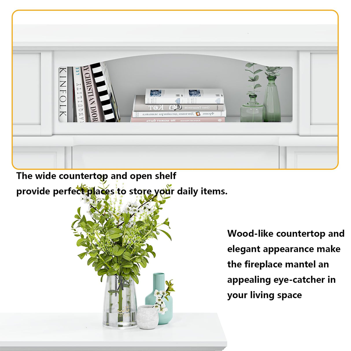 BOSSIN 43" Electric Fireplace with Mantel, 23 inch Electric Fireplace Insert, Freestanding TV Stand with Fireplace Heater,Wooden Surround Firebox Faux Log & Led Flames, Remote Control,750W/1500W White BOSSIN